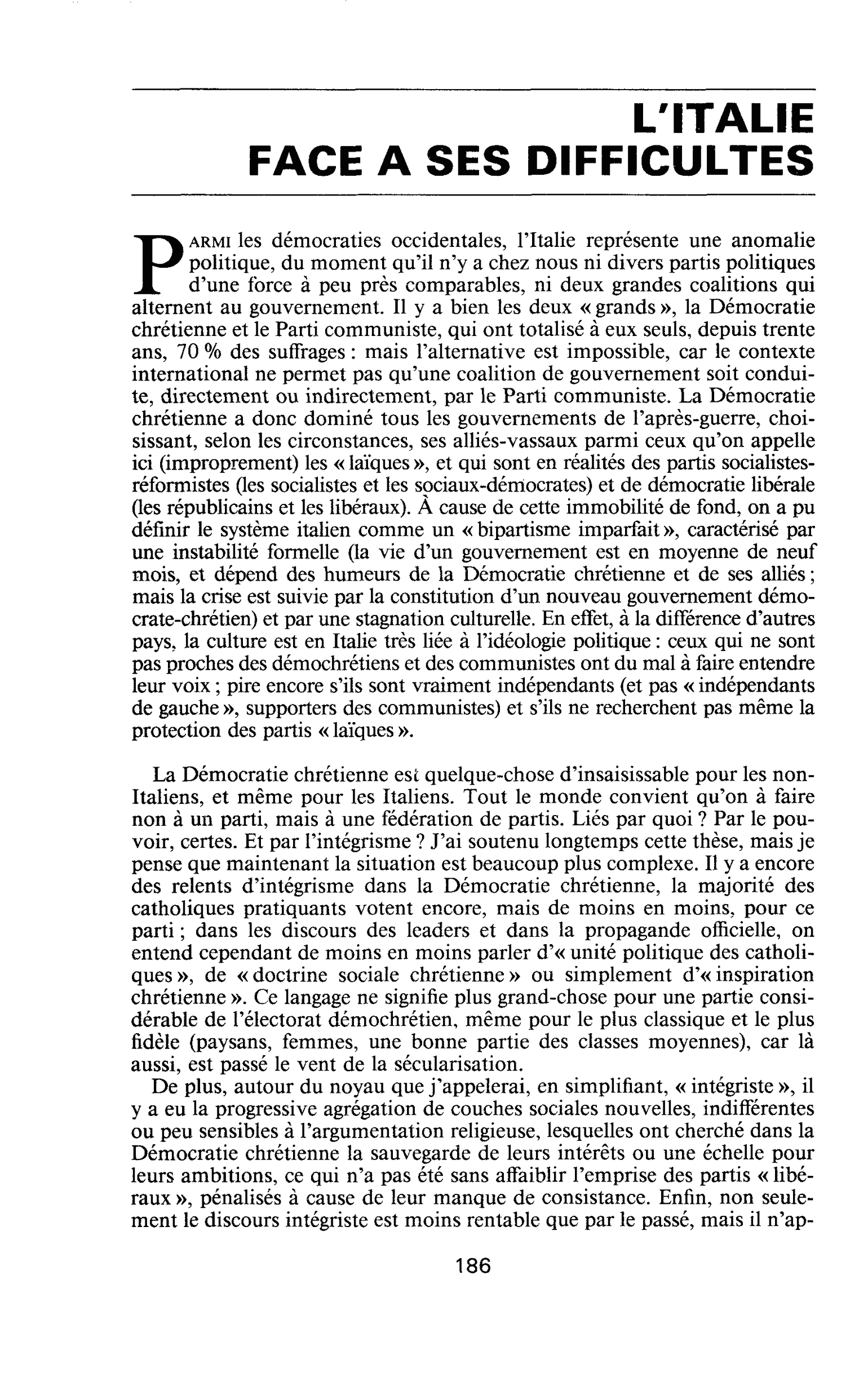 L’ITALIE FACE A SES DIFFICULTES