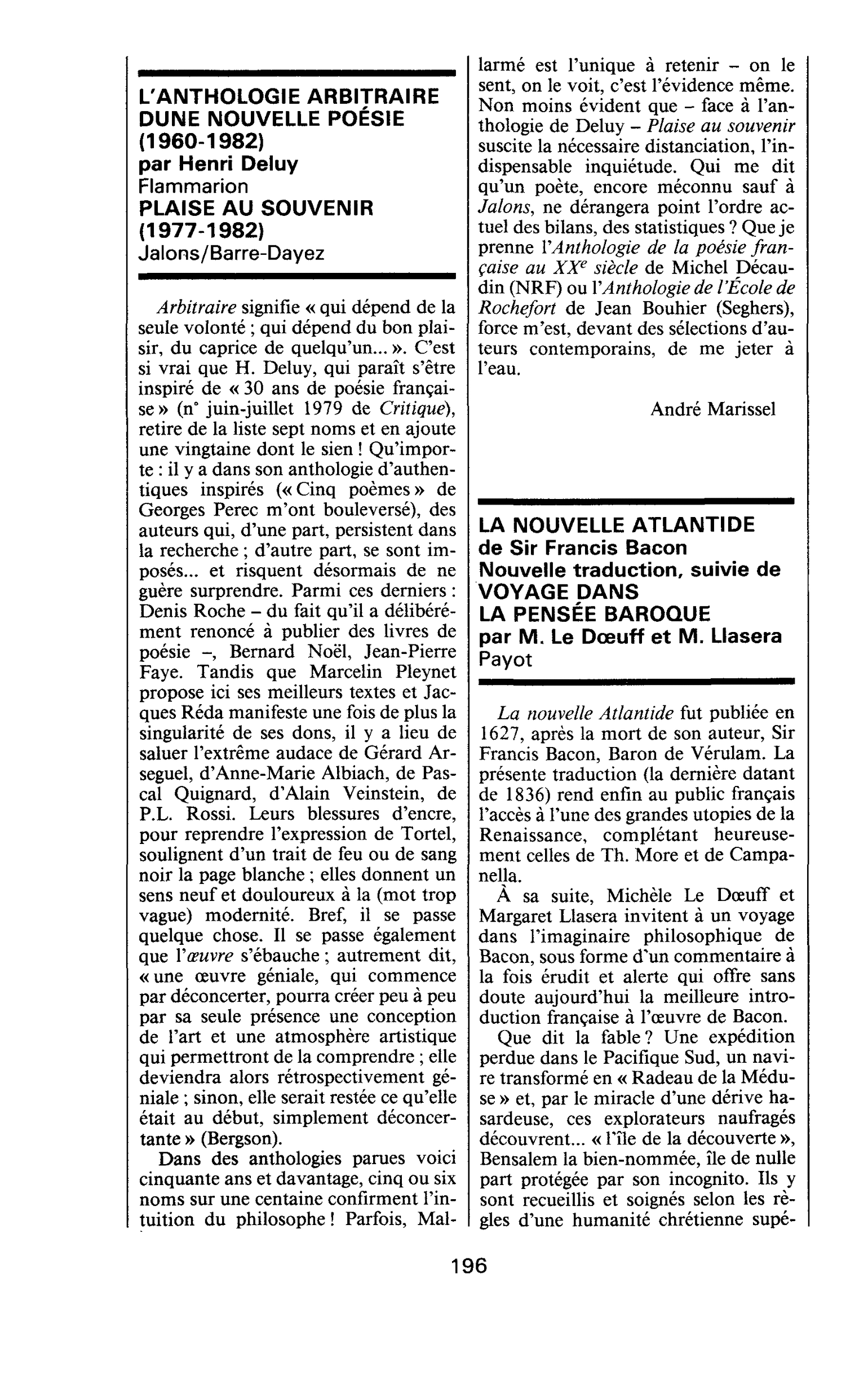 LA NOUVELLE ATLANTIDE de Sir Francis Bacon Nouvelle traduction, suivie de VOYAGE DANS LA PENSÉE BAROQUE par M. Le Doeuff et M. Llasera