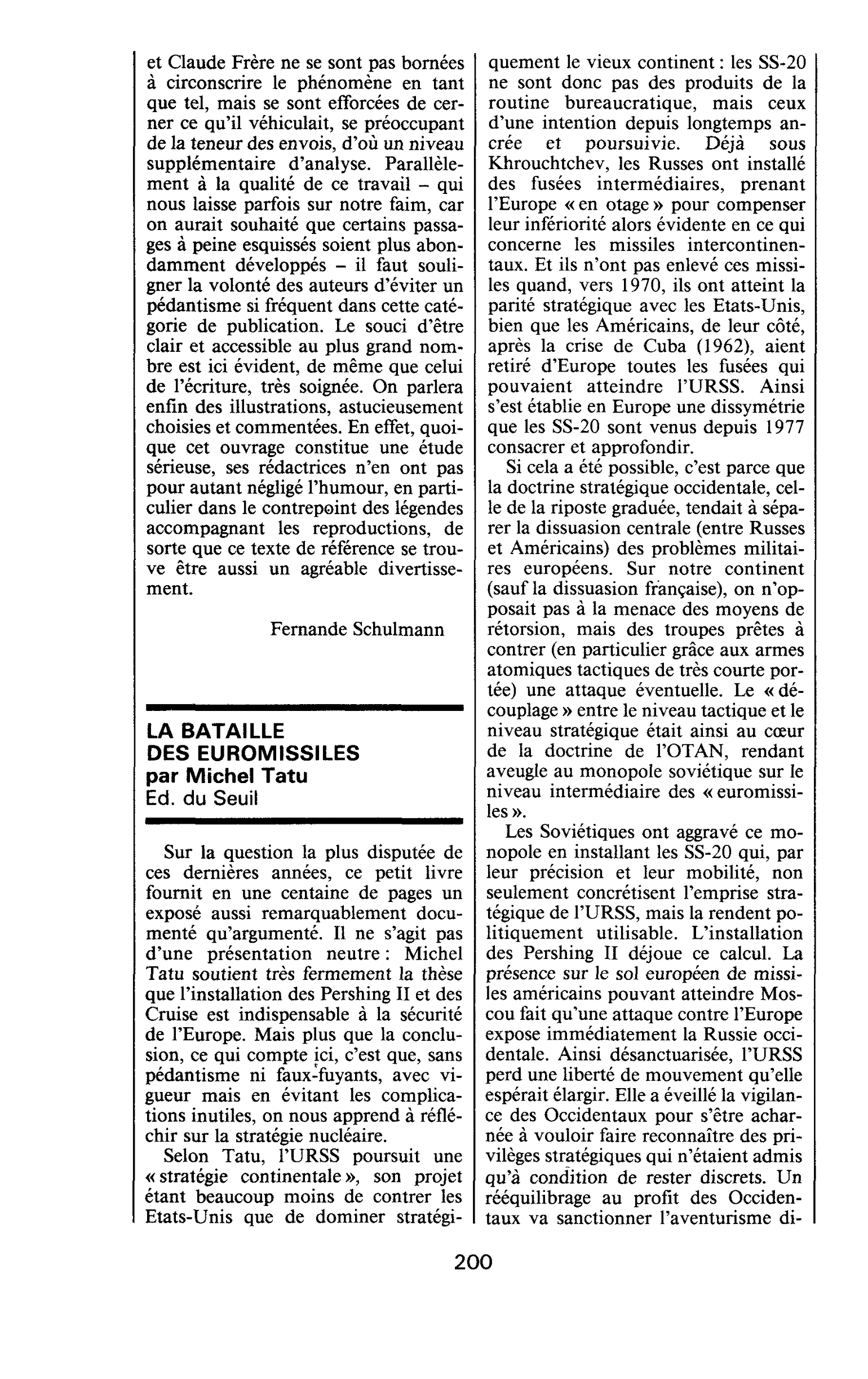 LA BATAILLE DES EUROMISSILES par Michel Tatu