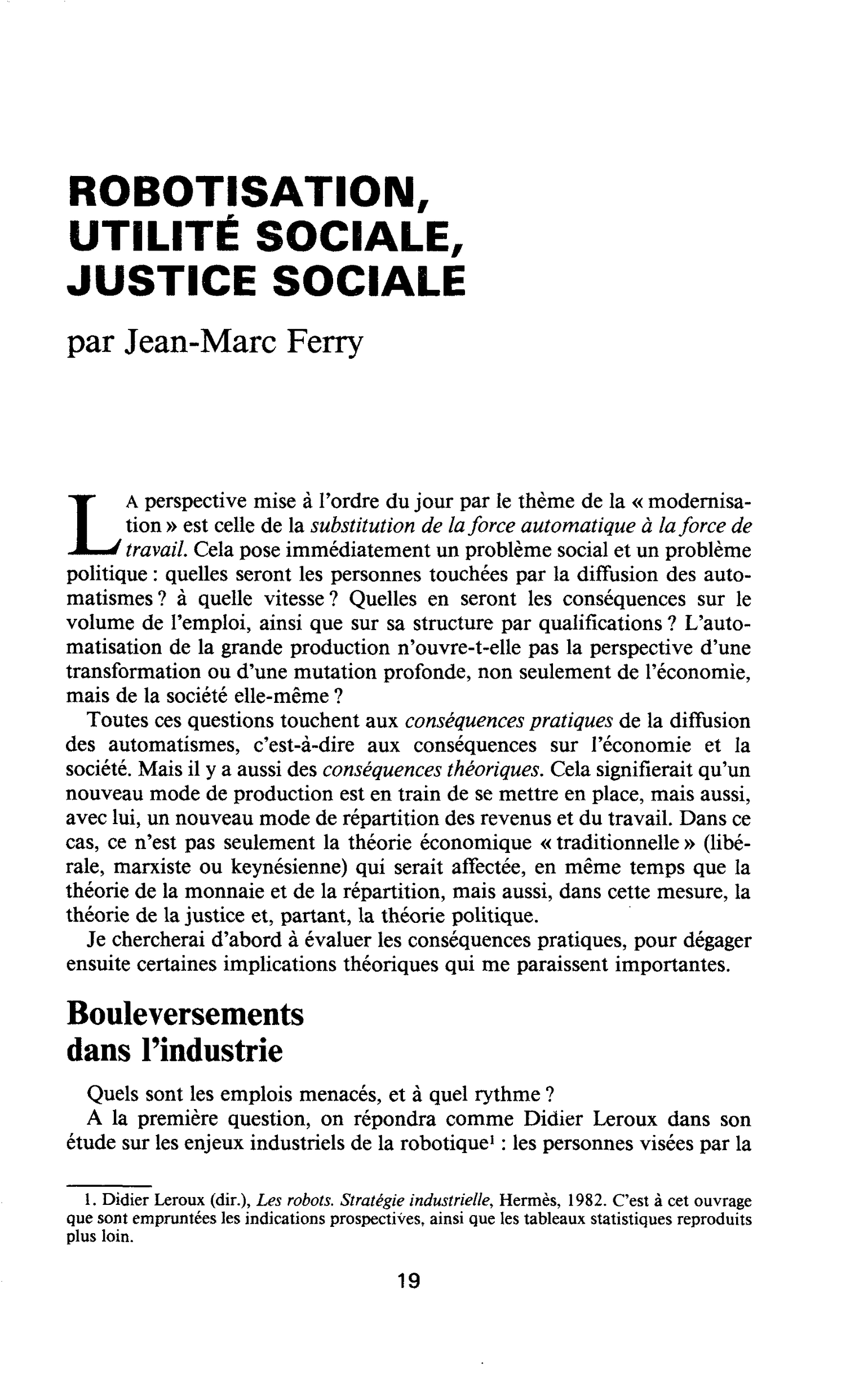 ROBOTISATION, UTILITÉ SOCIALE, JUSTICE SOCIALE