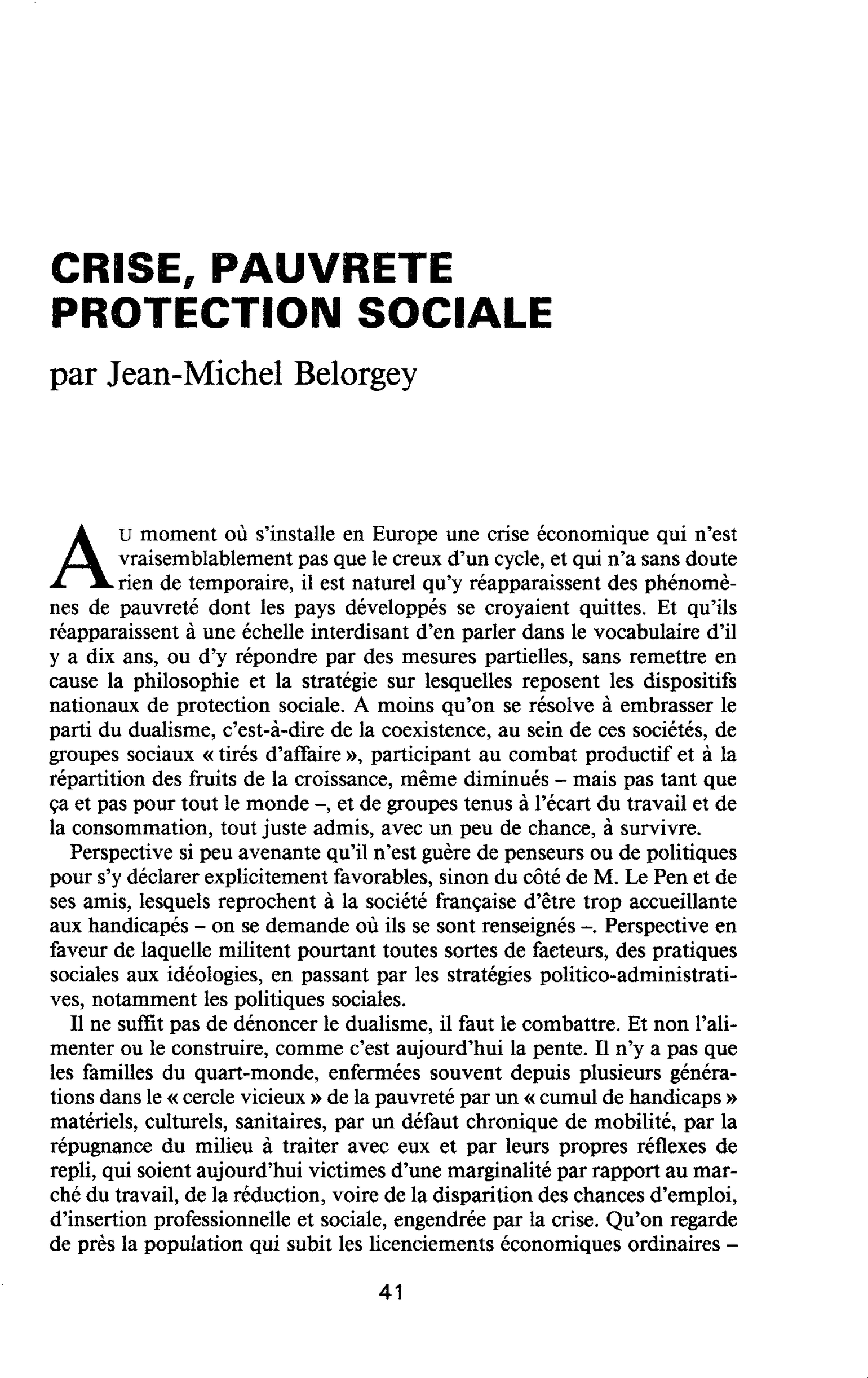 CRISE, PAUVRETE PROTECTION SOCIALE
