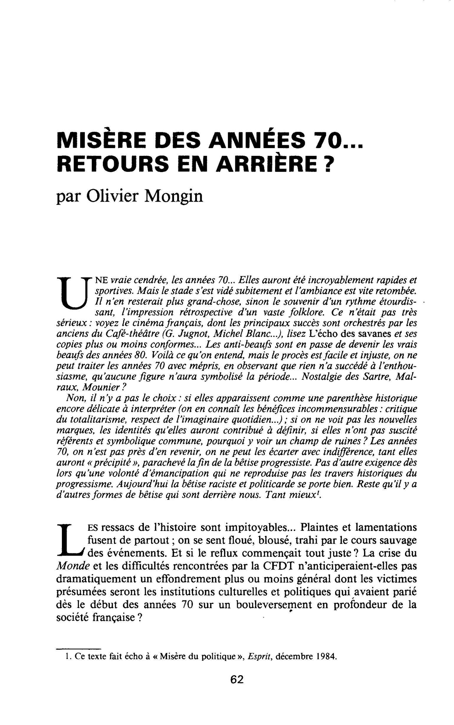 MISÈRE DES ANNÉES 70… RETOURS EN ARRIÈRE ?