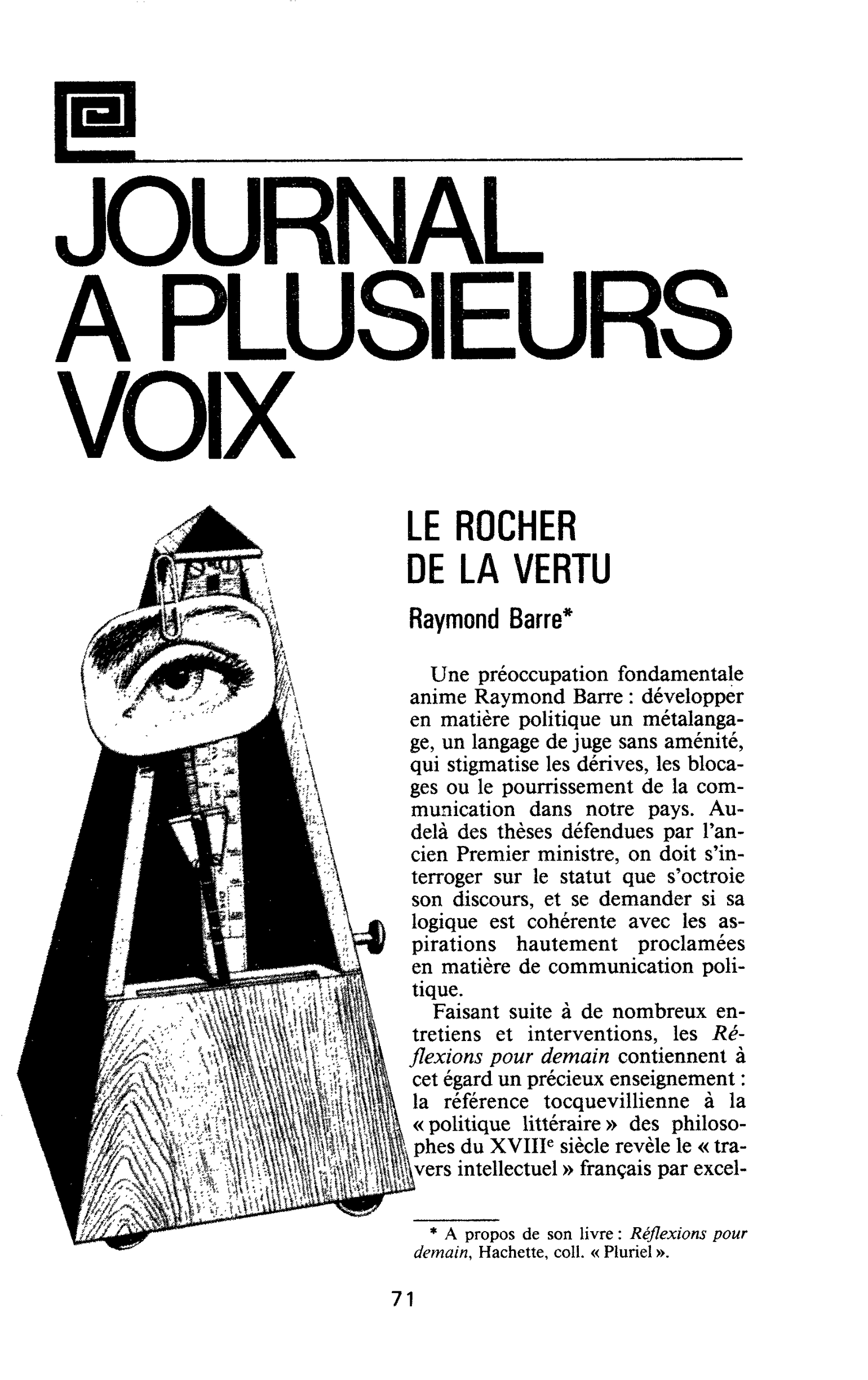 LE ROCHER DE LA VERTU. Raymond Barre