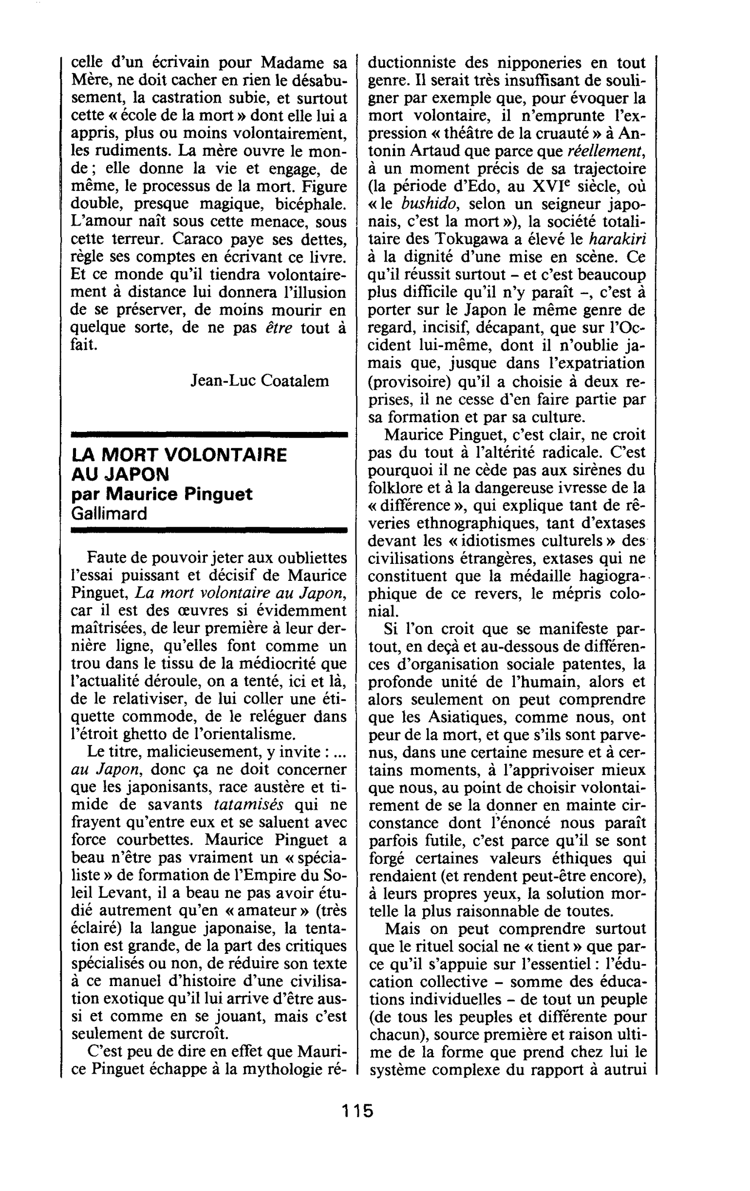 LA MORT VOLONTAIRE AU JAPON par Maurice Pinguet