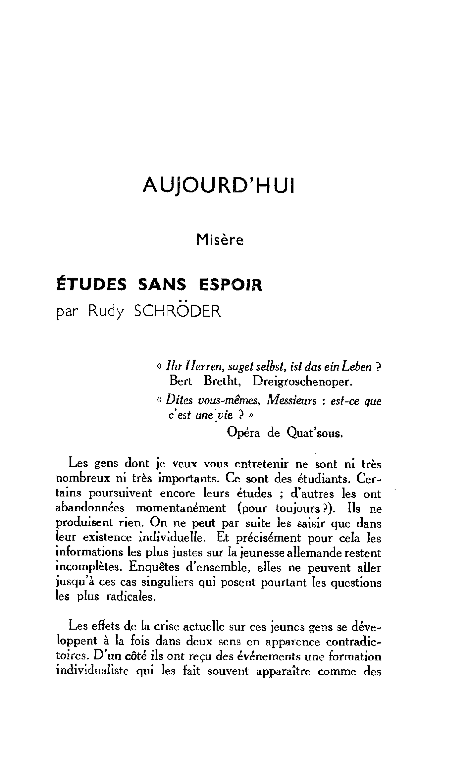 Misère. ÉTUDES SANS ESPOIR