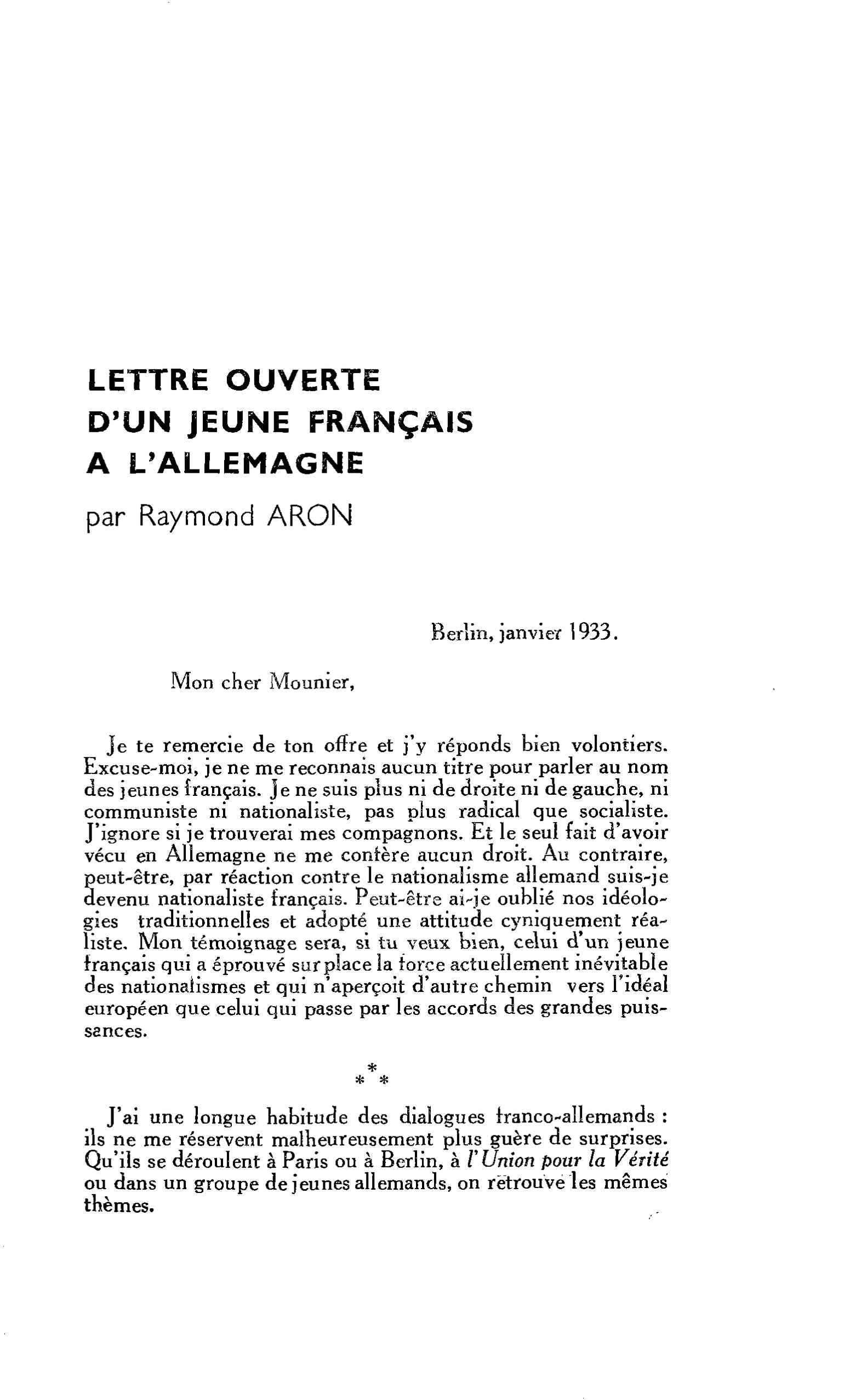LETTRE OUVERTE D’UN JEUNE FRANÇAIS A L’ALLEMAGNE