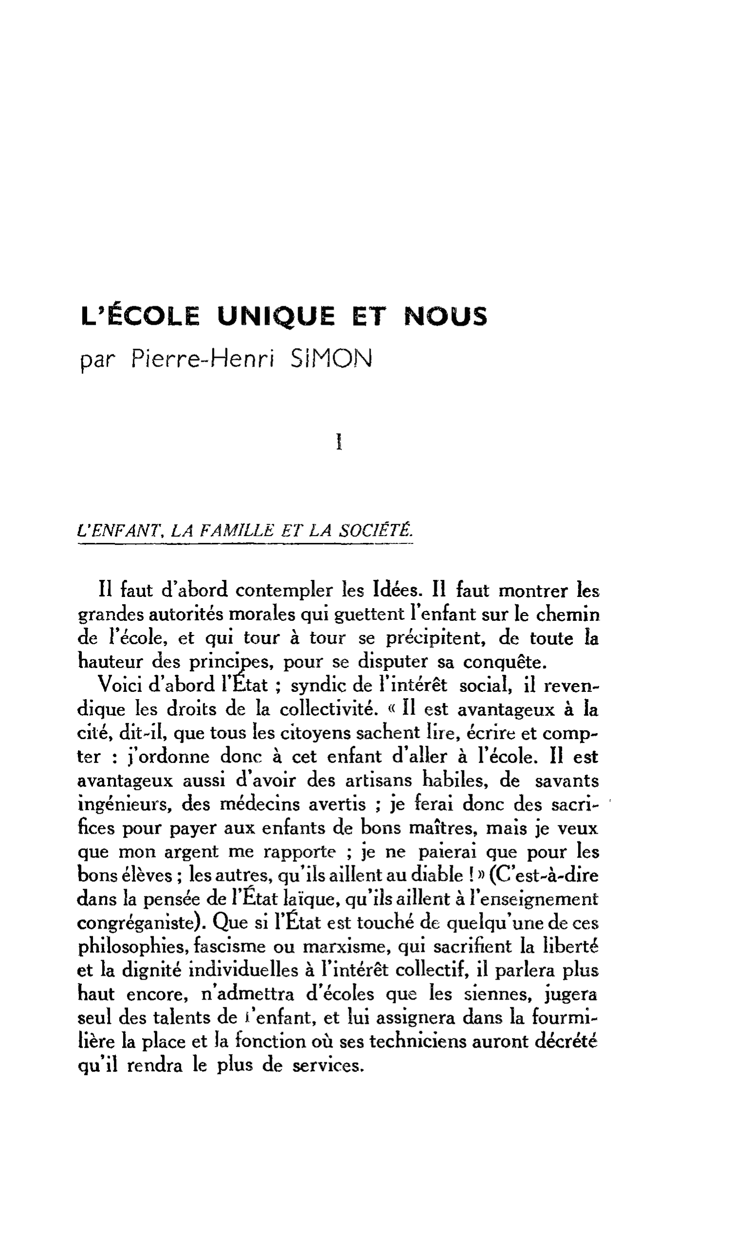 L’ÉCOLE UNIQUE ET NOUS