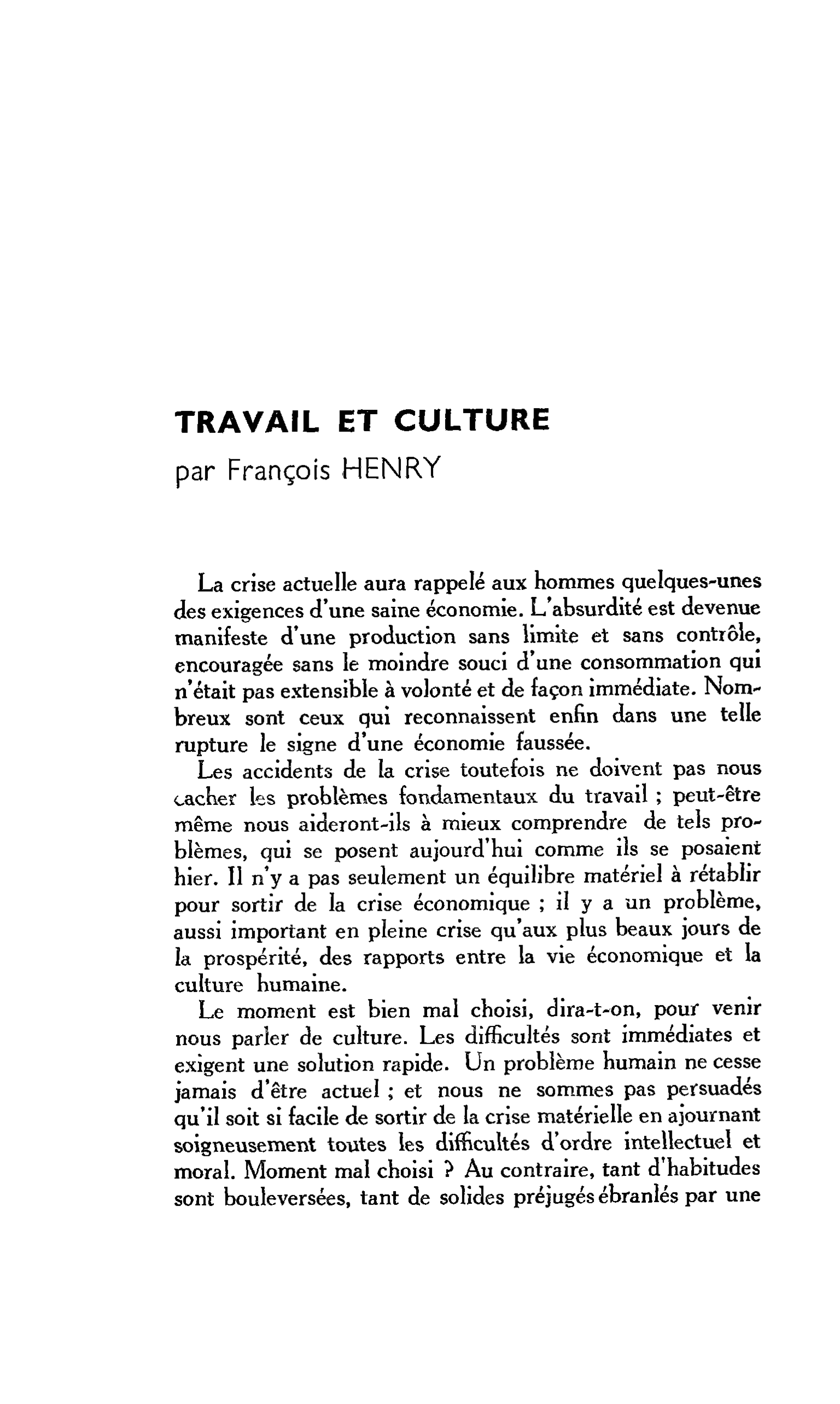 TRAVAIL ET CULTURE