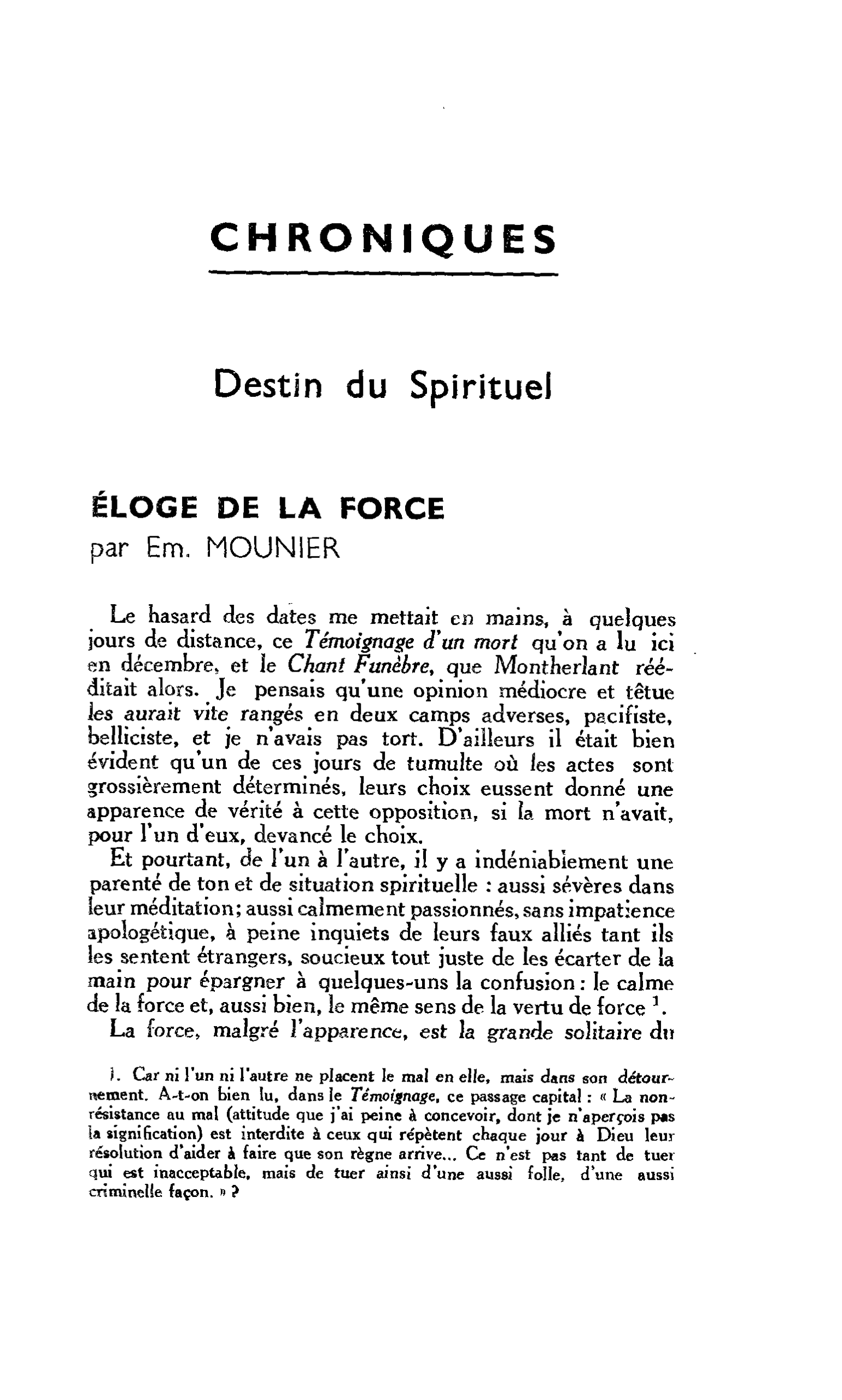 Destin du Spirituel. ÉLOGE DE LA FORCE