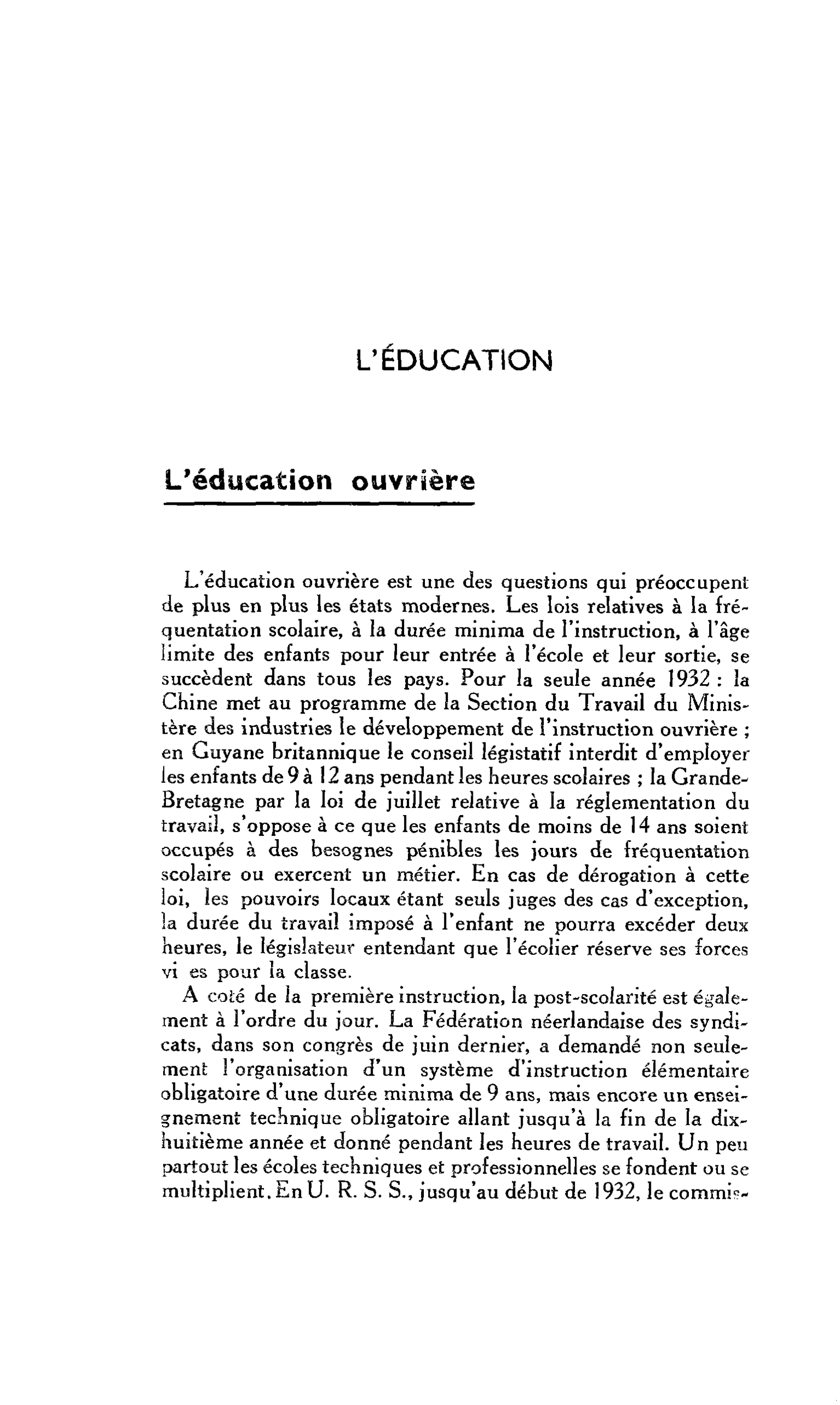 L’EDUCATION. L’éducation ouvrière