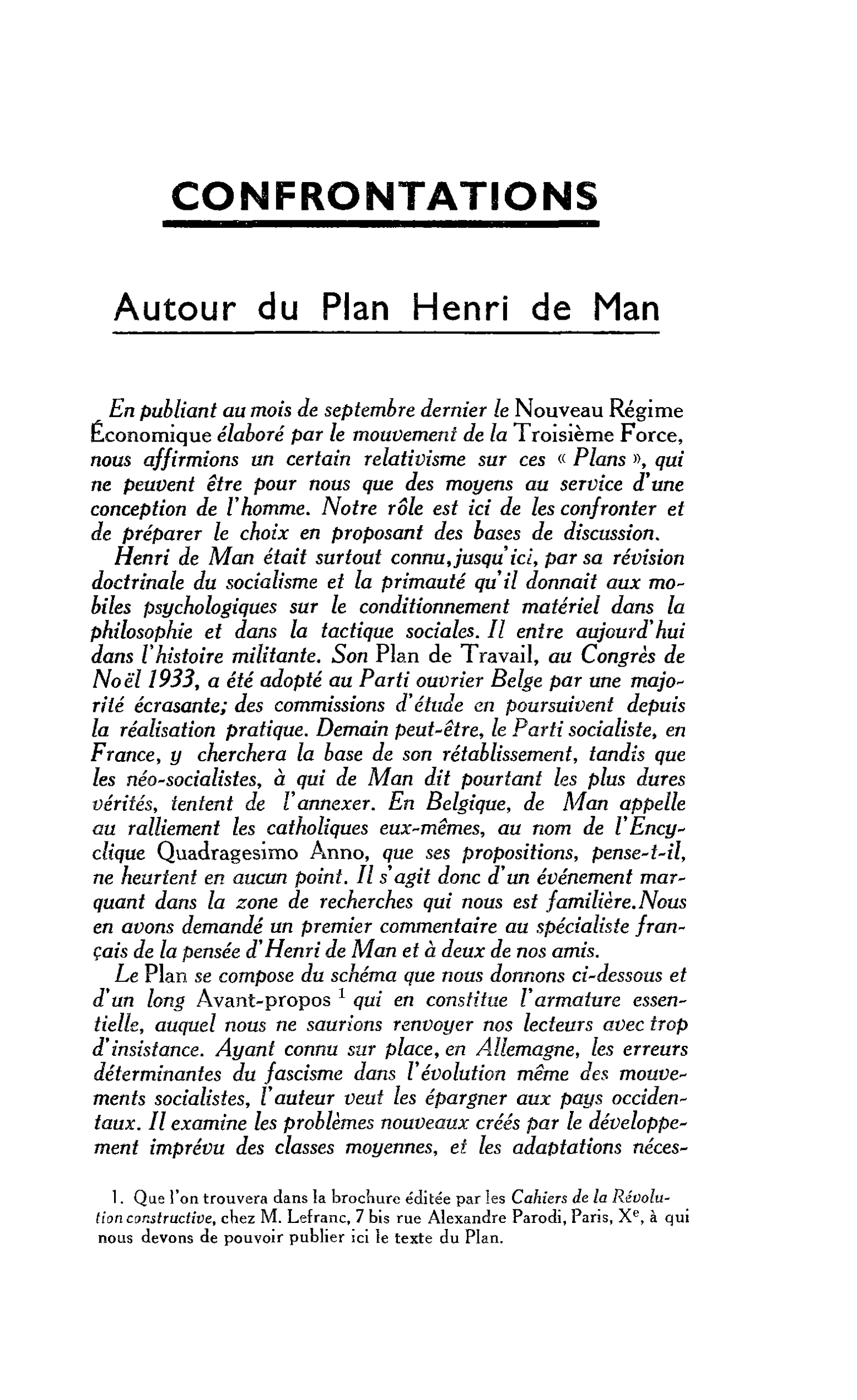 Autour du Plan Henri de Man