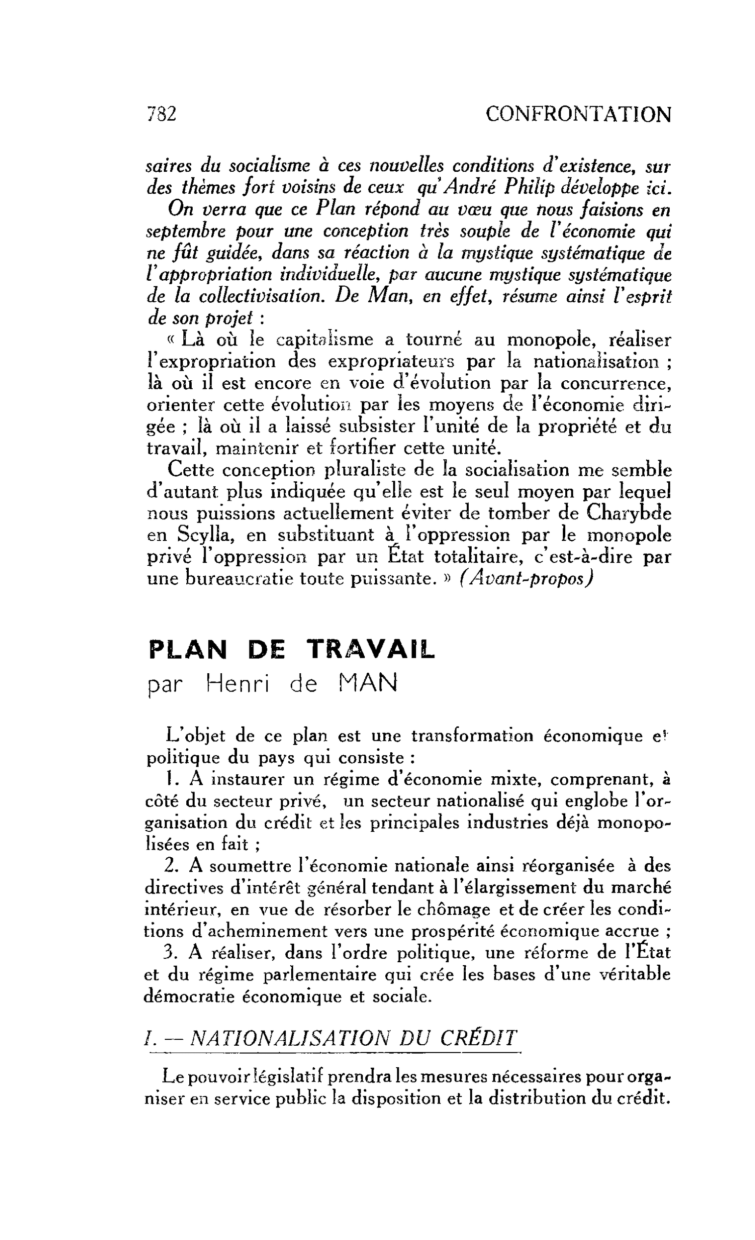 Autour du Plan Henri de Man : PLAN DE TRAVAIL