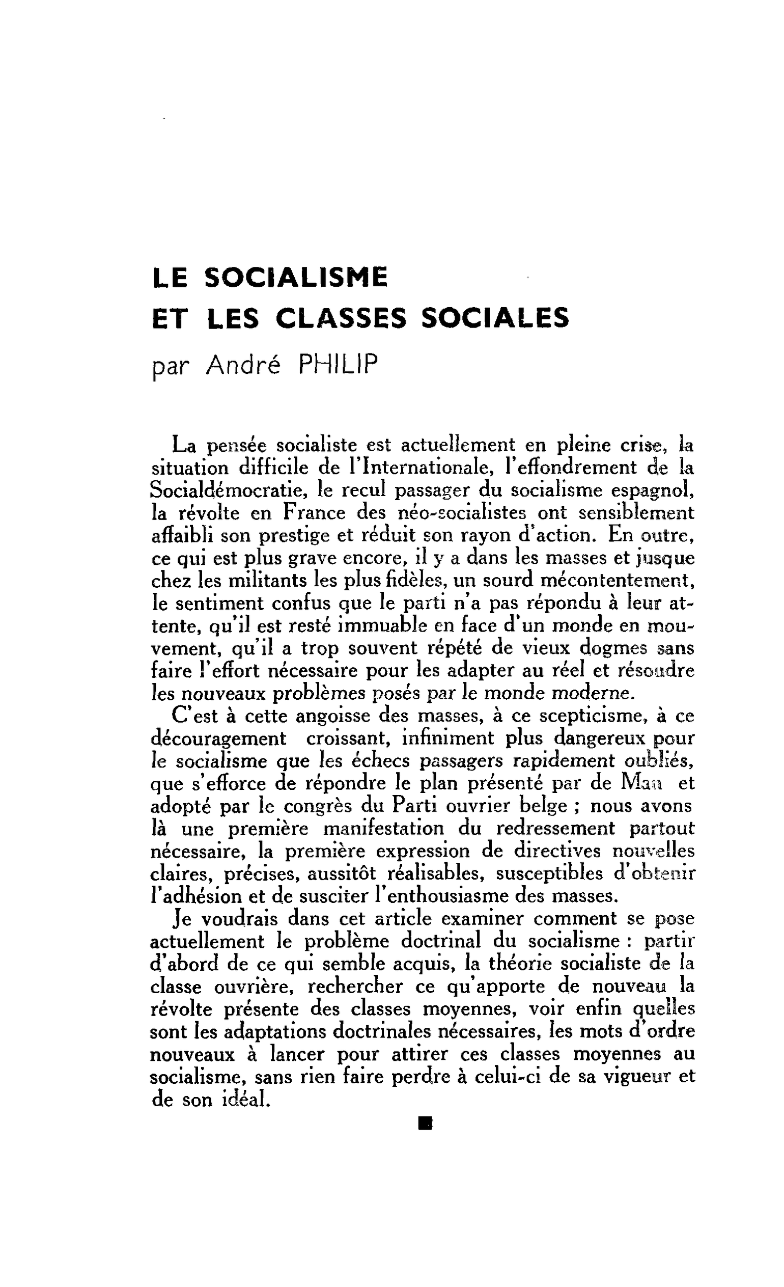 Autour du Plan Henri de Man : LE SOCIALISME ET LES CLASSES SOCIALES