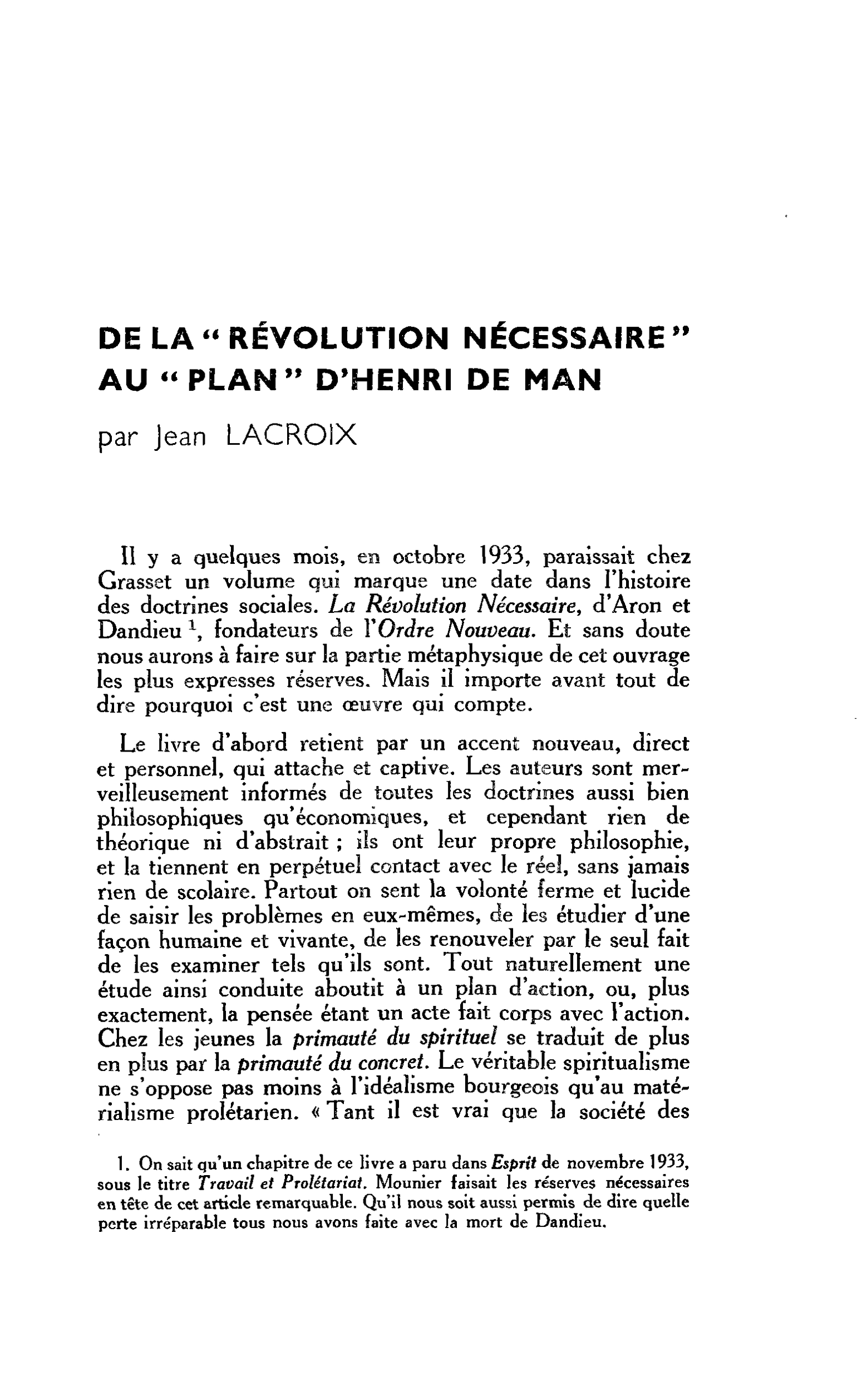 Autour du Plan Henri de Man : De la Révolution nécessaire au Plan d’Henri de Man