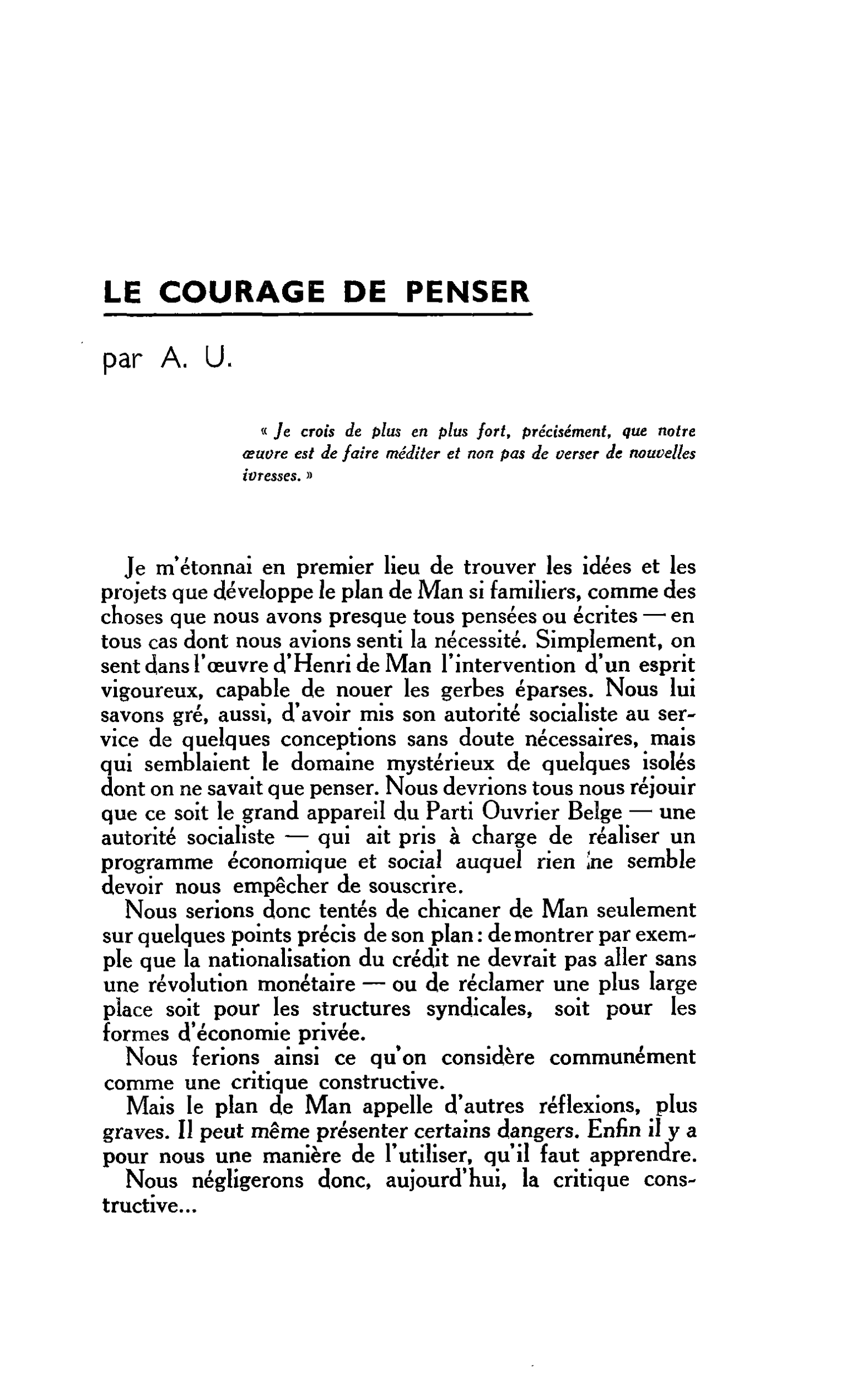Autour du Plan Henri de Man : LE COURAGE DE PENSER
