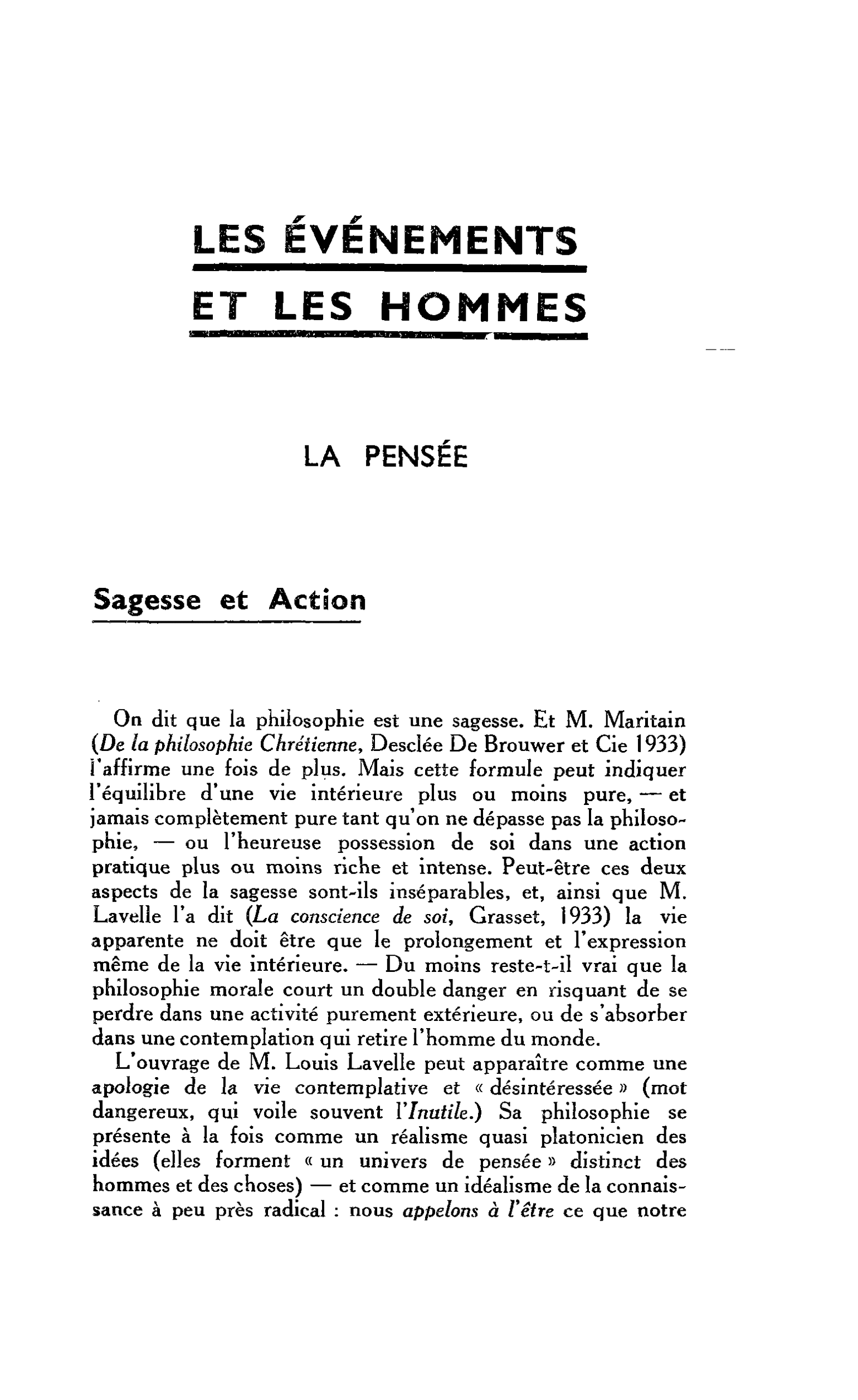 LA PENSEE. Sagesse et Action