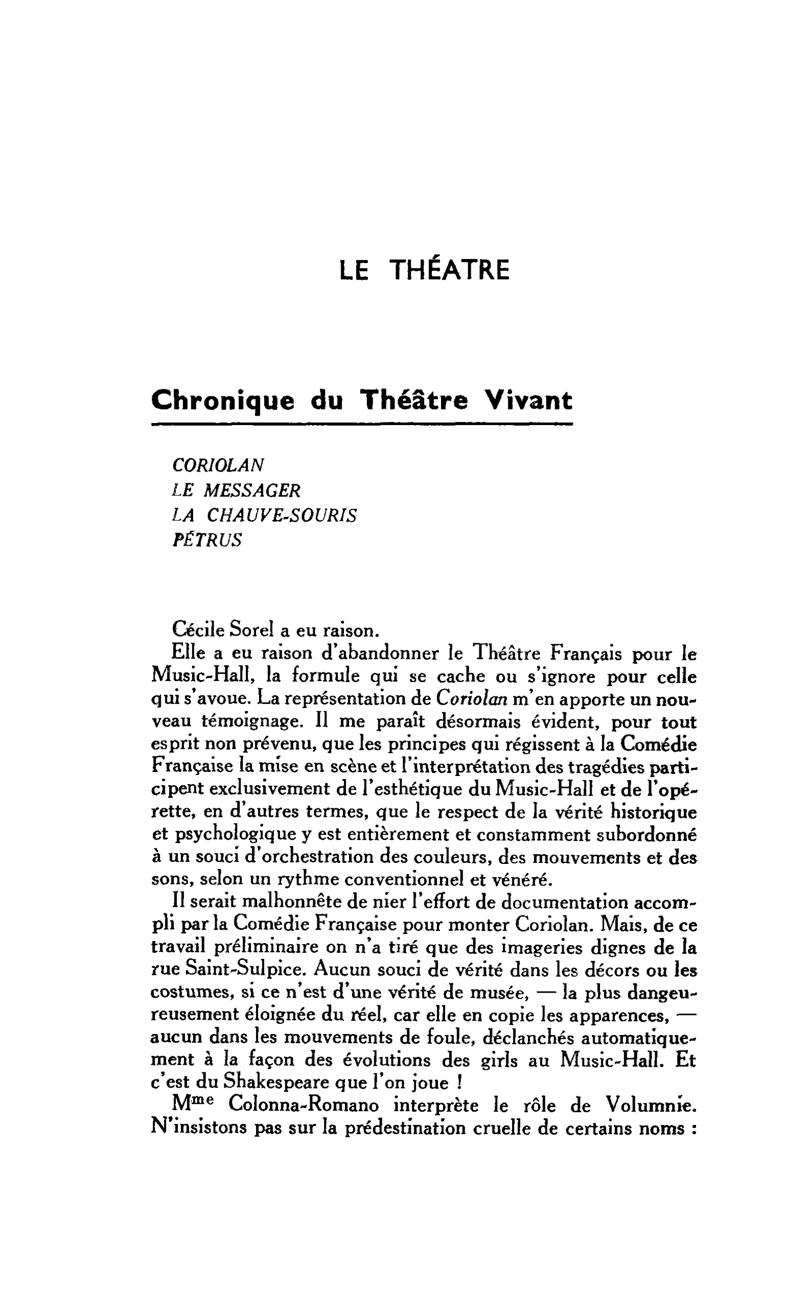 LE THÉÂTRE. Chronique du Théâtre Vivant