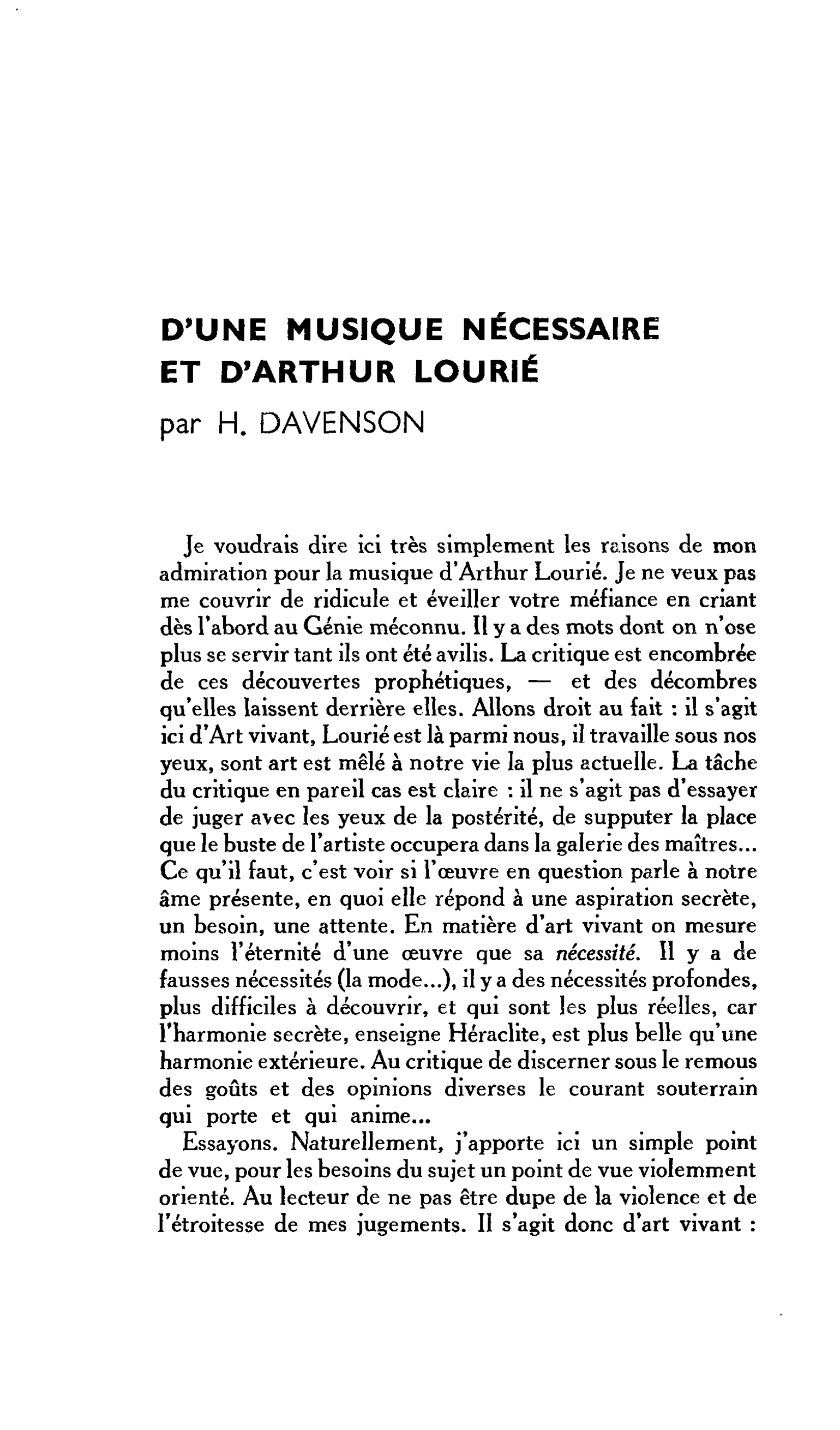 D’UNE MUSIQUE NÉCESSAIRE ET D’ARTHUR LOURIÉ