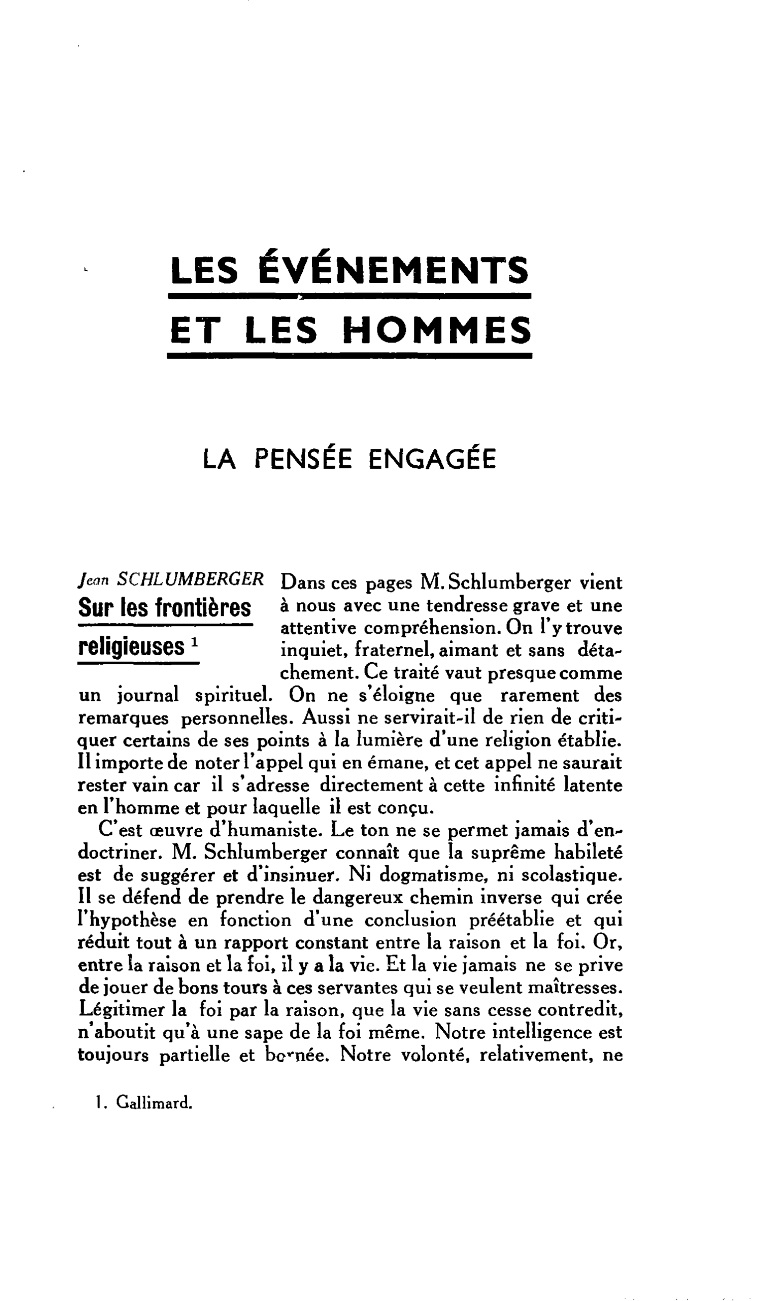 LA PENSÉE ENGAGÉE : Jean SCHLUMBERGER. Sur les frontières religieuses