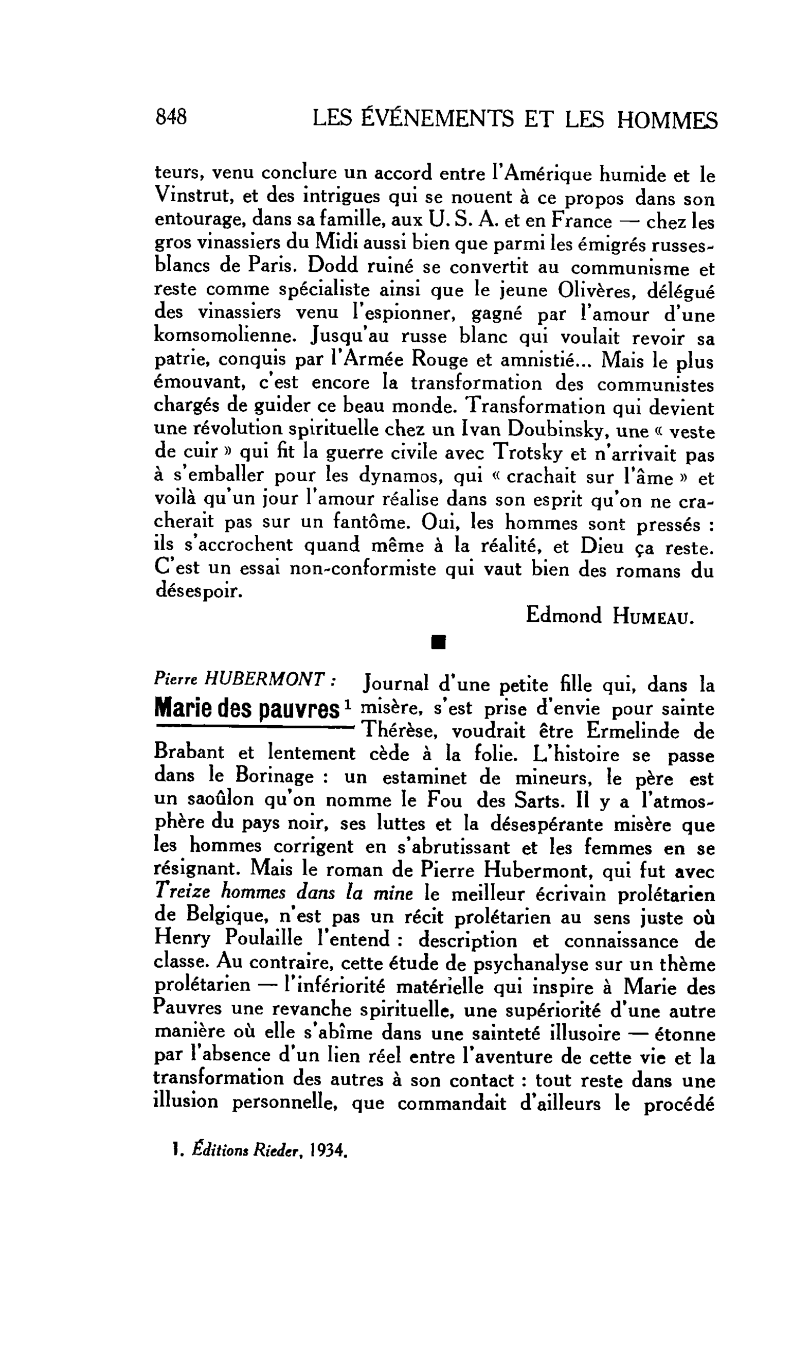 LES LETTRES : Pierre HUBERMONT : Marie des pauvres