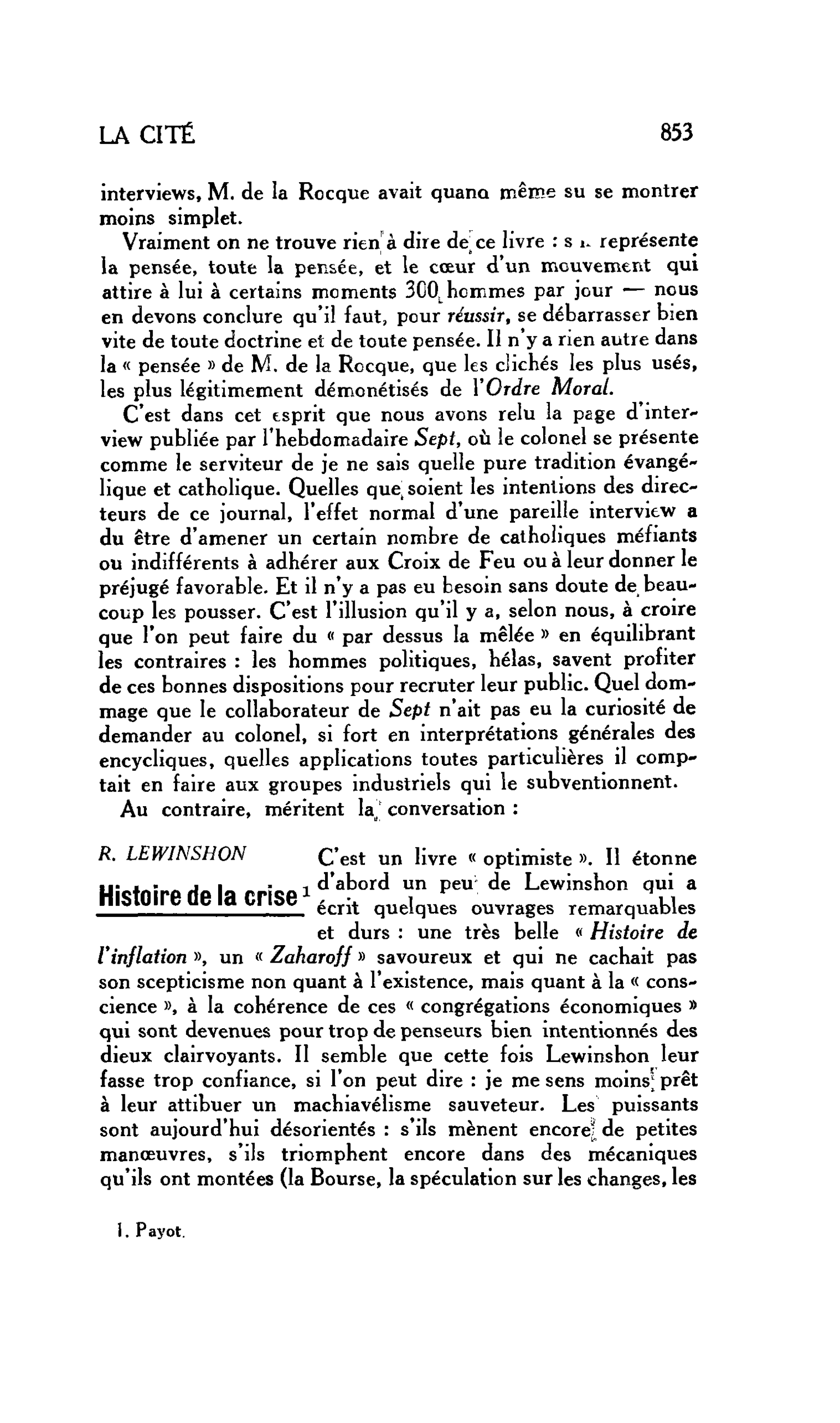LA CITÉ : R. LEWINSHON. Histoire de la crise