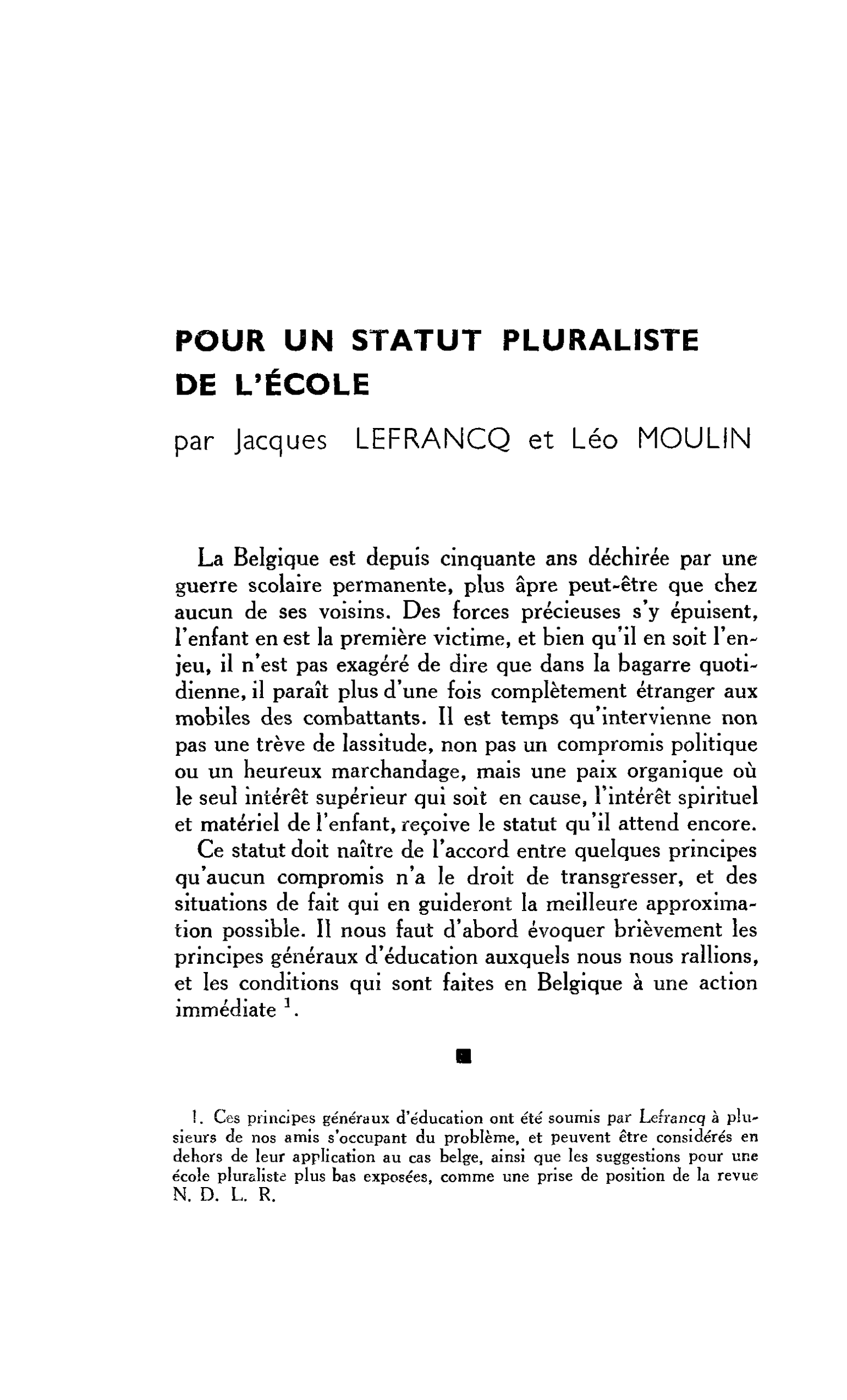 POUR UN STATUT PLURALISTE DE L’ÉCOLE