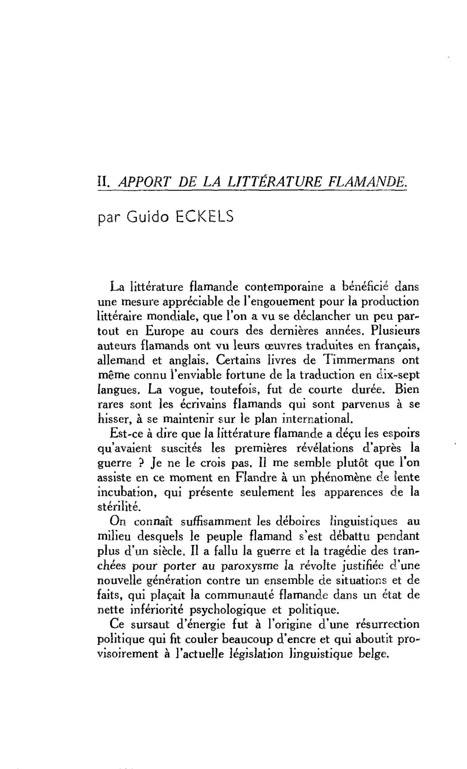 POUR UNE ÉMANCIPATION DE NOS CULTURES : II. APPORT DE LA LITTÉRATURE FLAMANDE