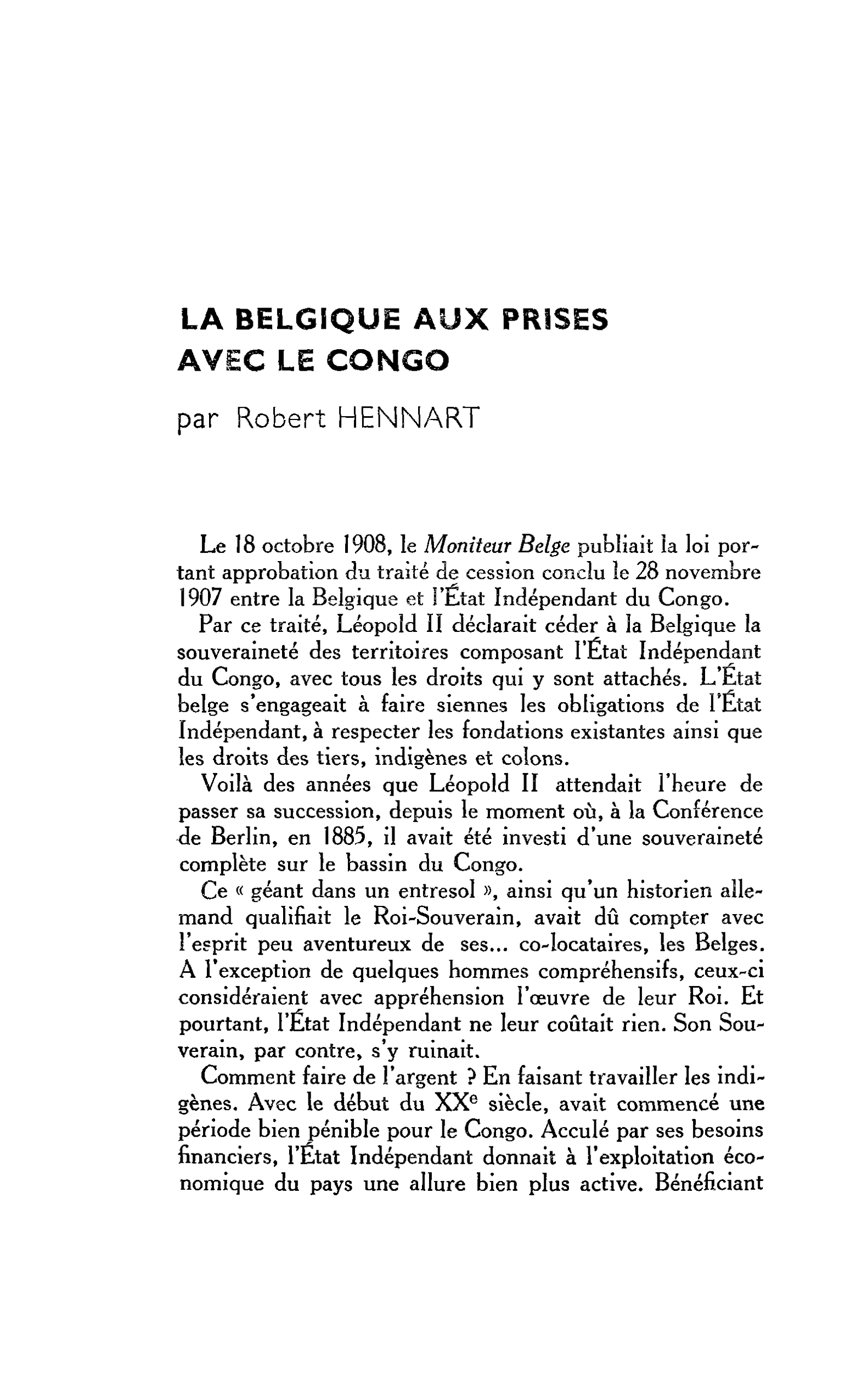 LA BELGIQUE AUX PRISES AVEC LE CONGO