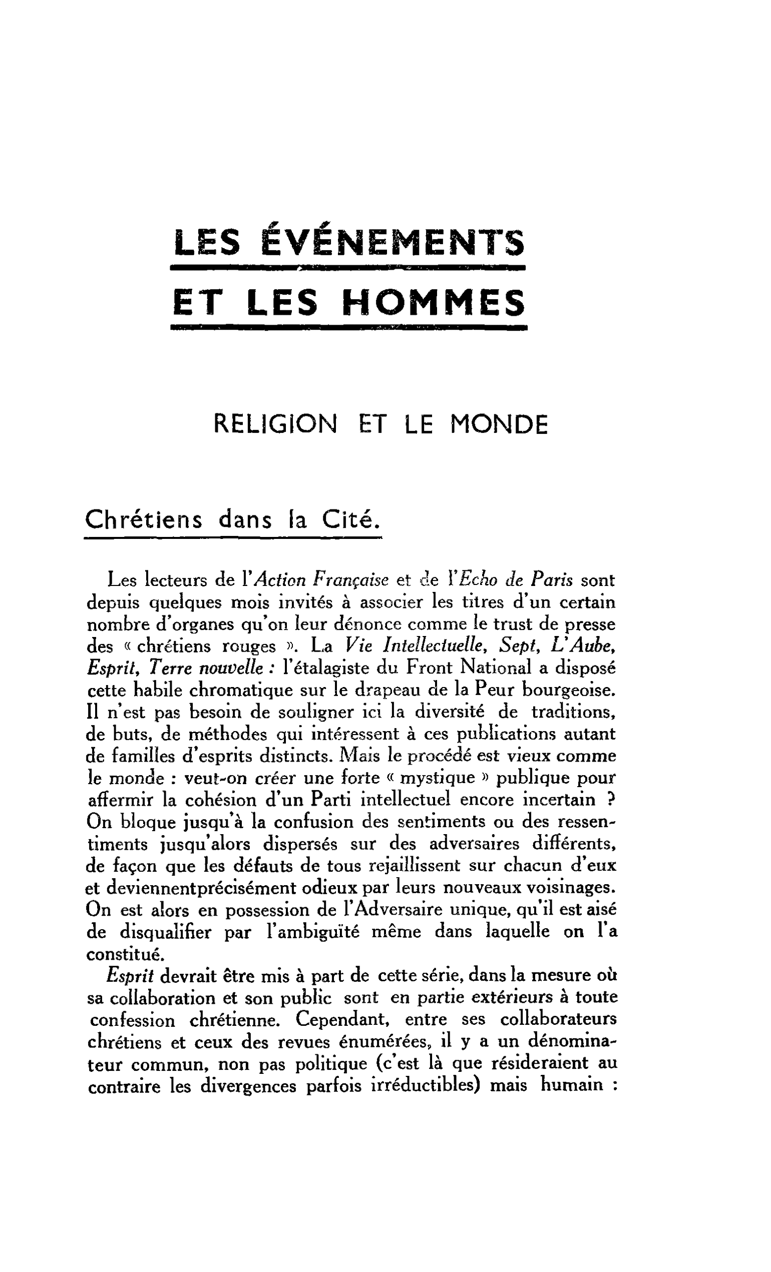 RELIGION ET LE MONDE : Chrétiens dans la Cité