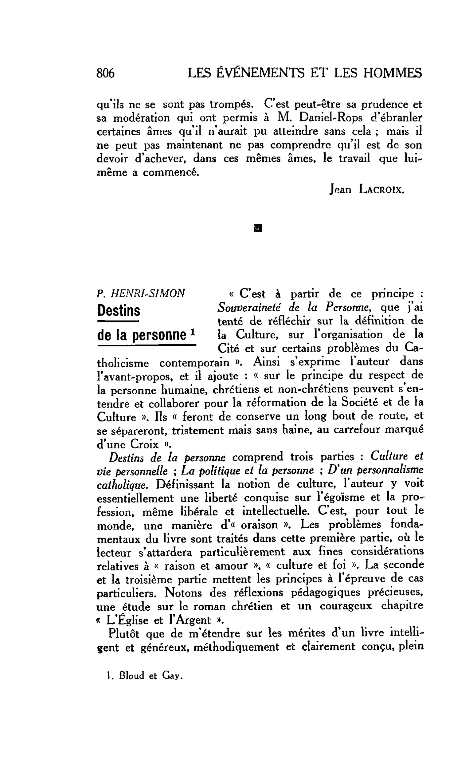 LA PENSEE ENGAGEE. P. HENRI-SIMON : Destins de la personne