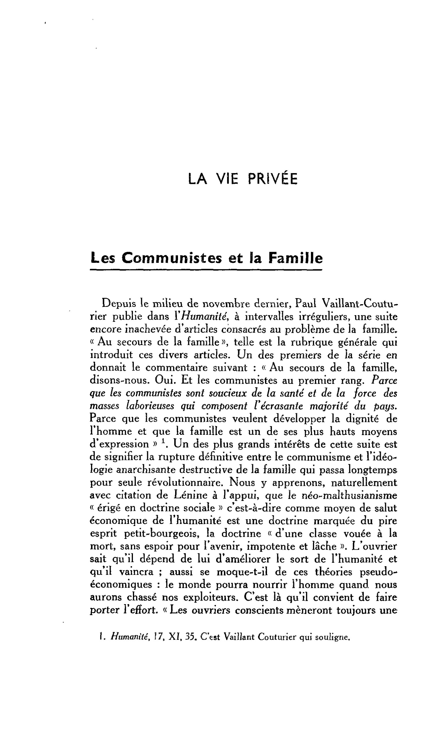 LA VIE PRIVÉE : Les Communistes et la Famille