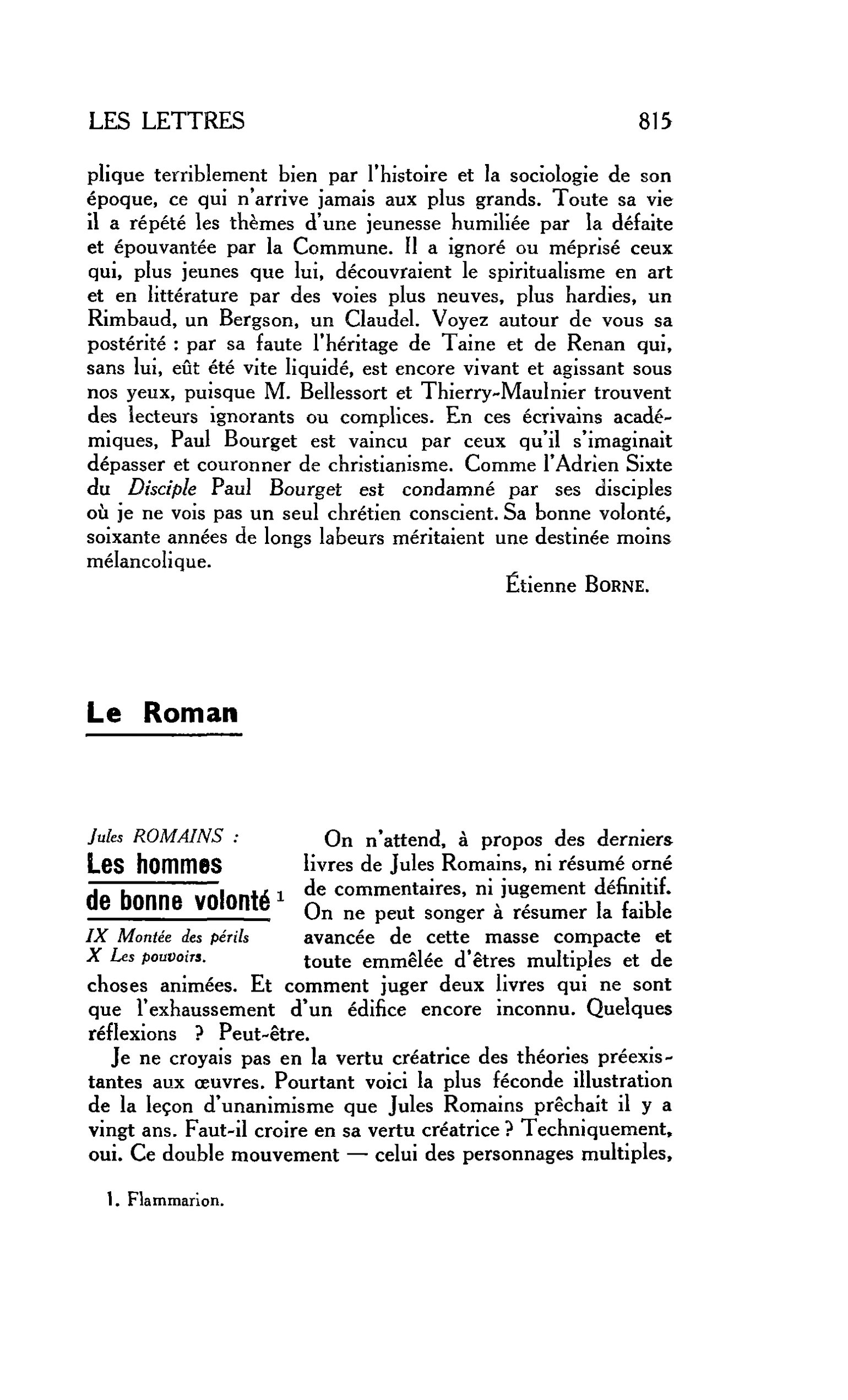 LES LETTRES. Le Roman. Jules ROMAINS : Les hommes de bonne volonté. IX Montée des périls. X Les pouvoirs