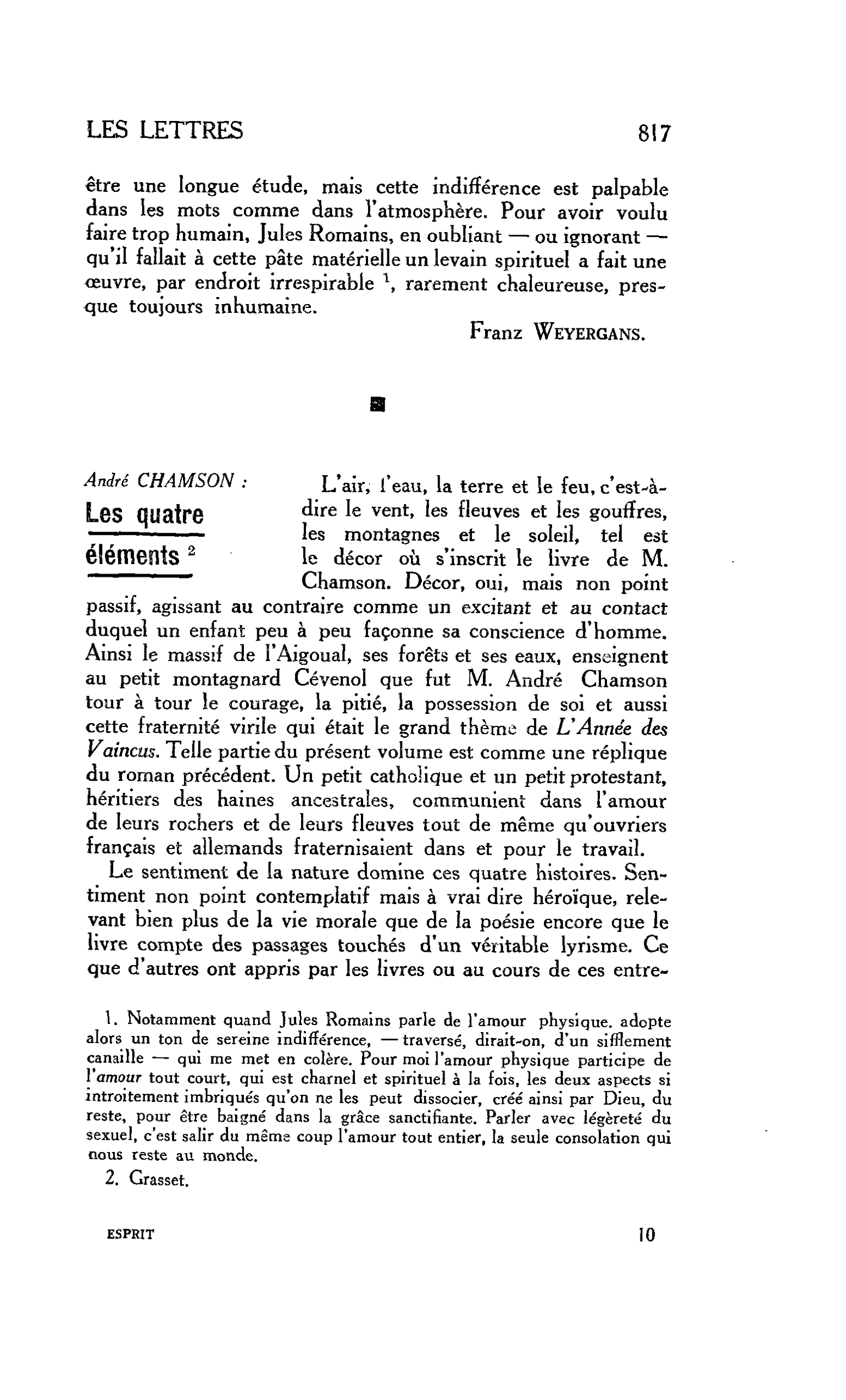 LES LETTRES. André CHAMSON : Les quatre éléments