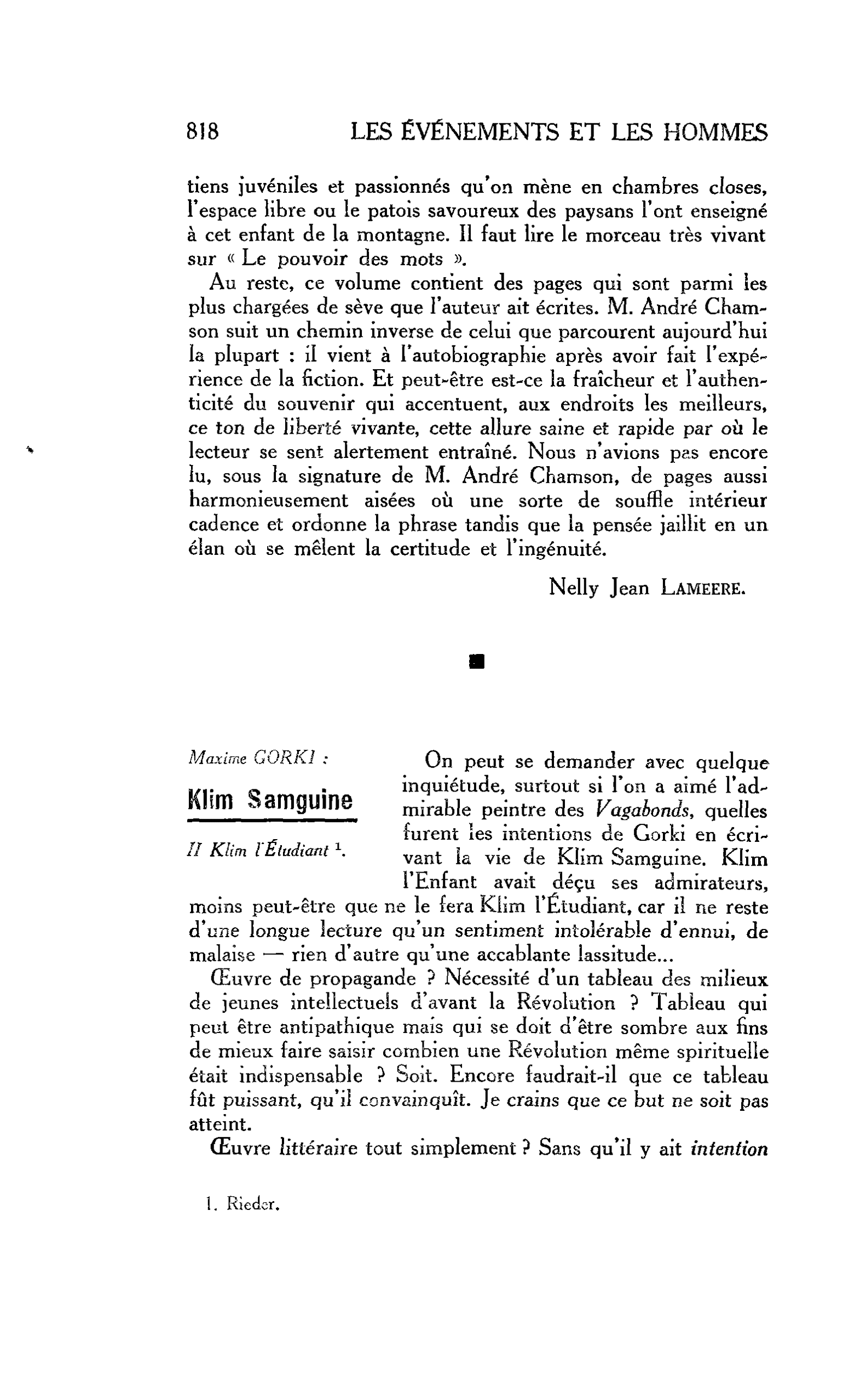 LES LETTRES. Maxime GORKI : Klim Samguine. II Klim l’ Étudiant