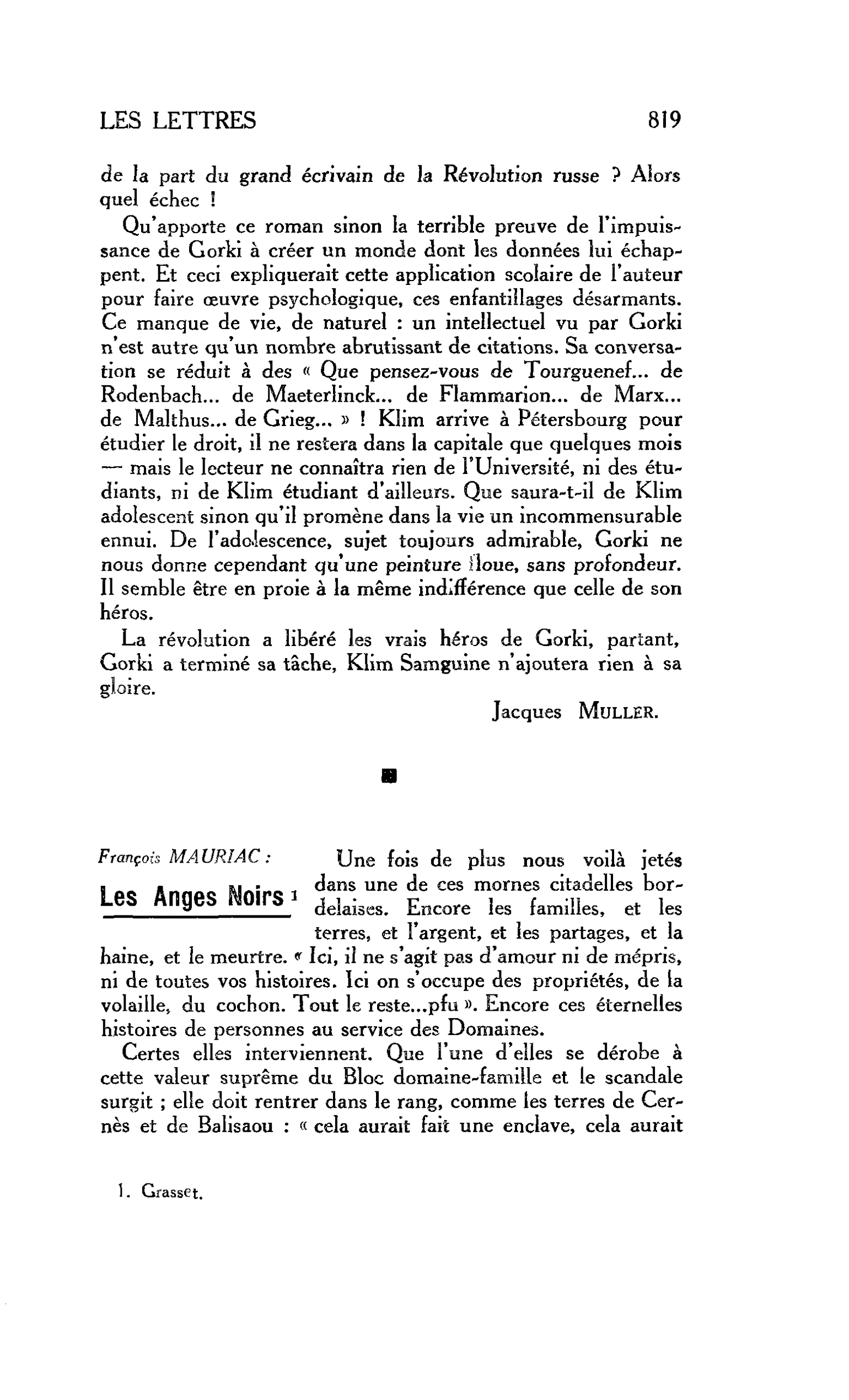 LES LETTRES. François MAURIAC : Les Anges Noirs