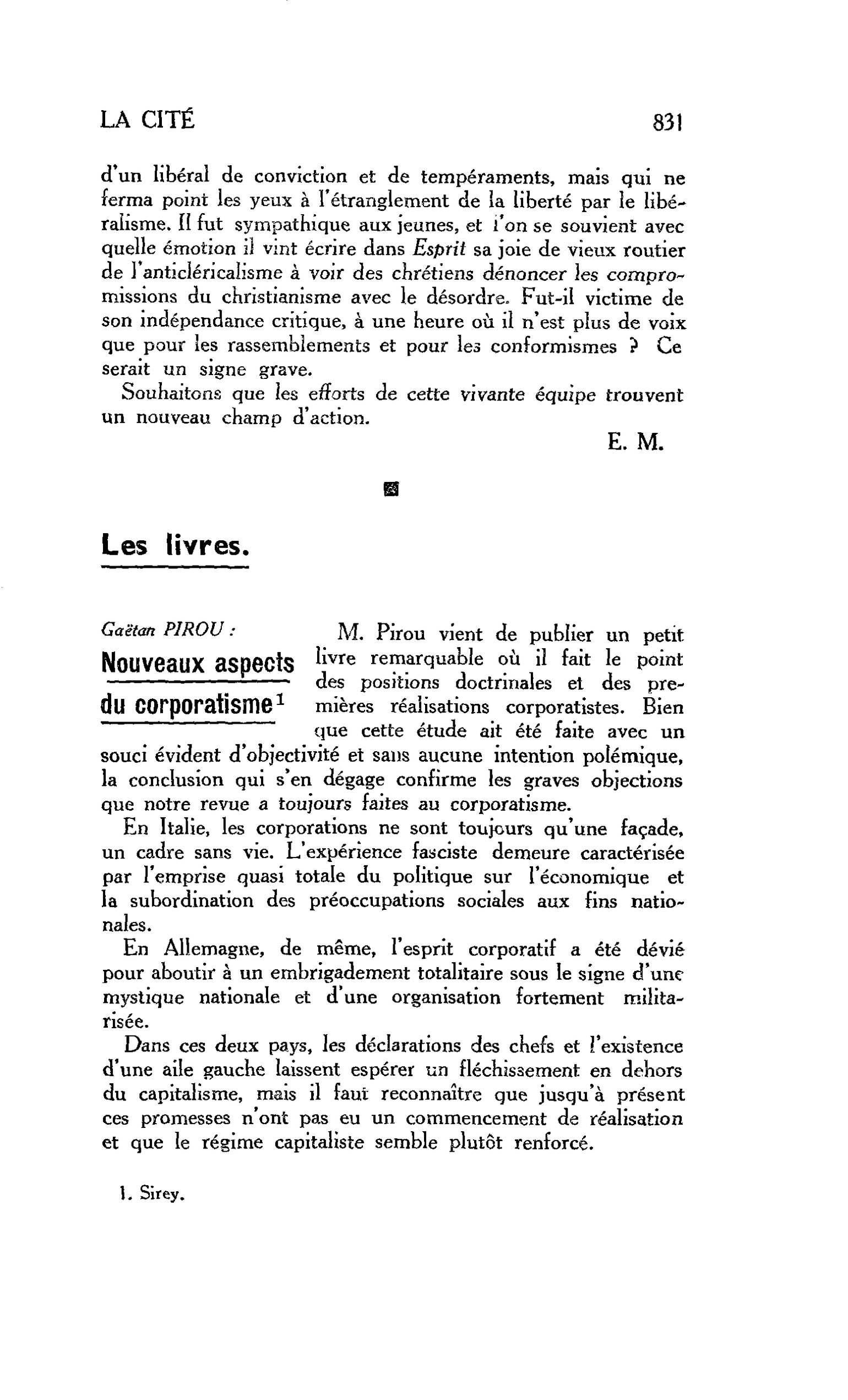Les livres. Gaëtan PIROU : Nouveaux aspects du corporatisme