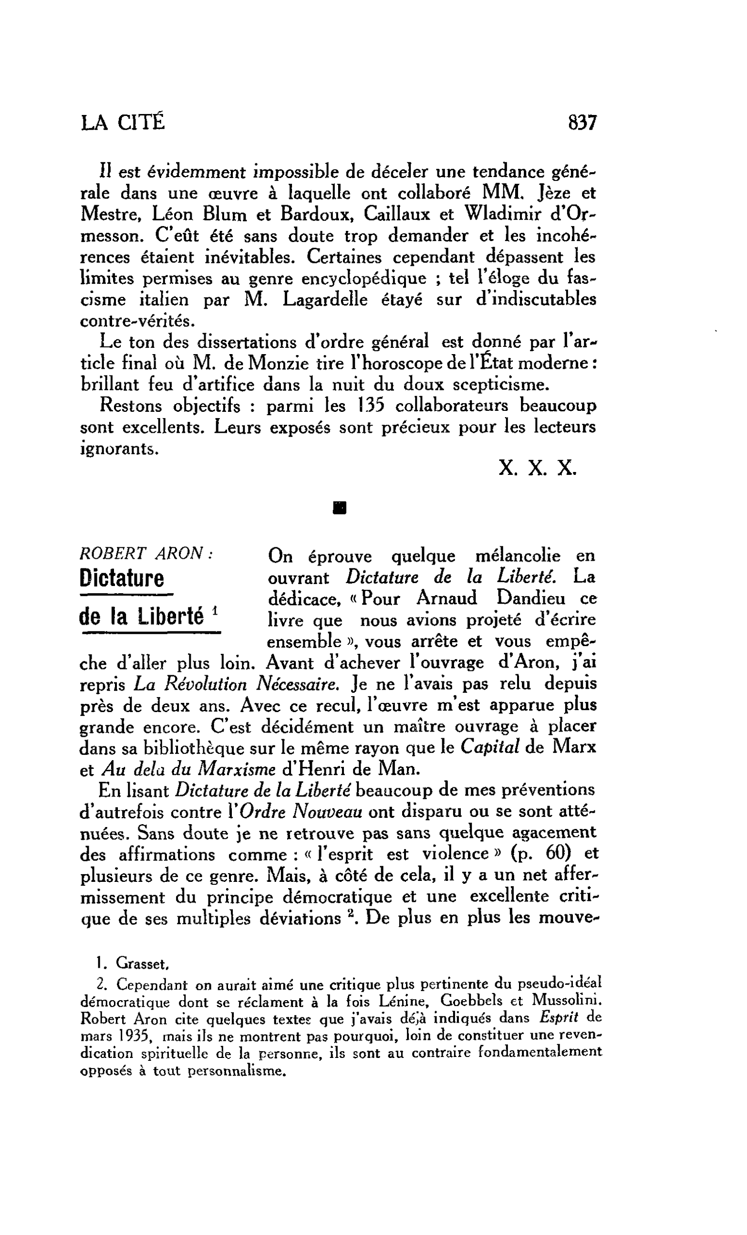 Les livres. Gaëtan Pirou : Nouveaux aspects du corporatisme. Robert Aron: Dictature de la Liberté