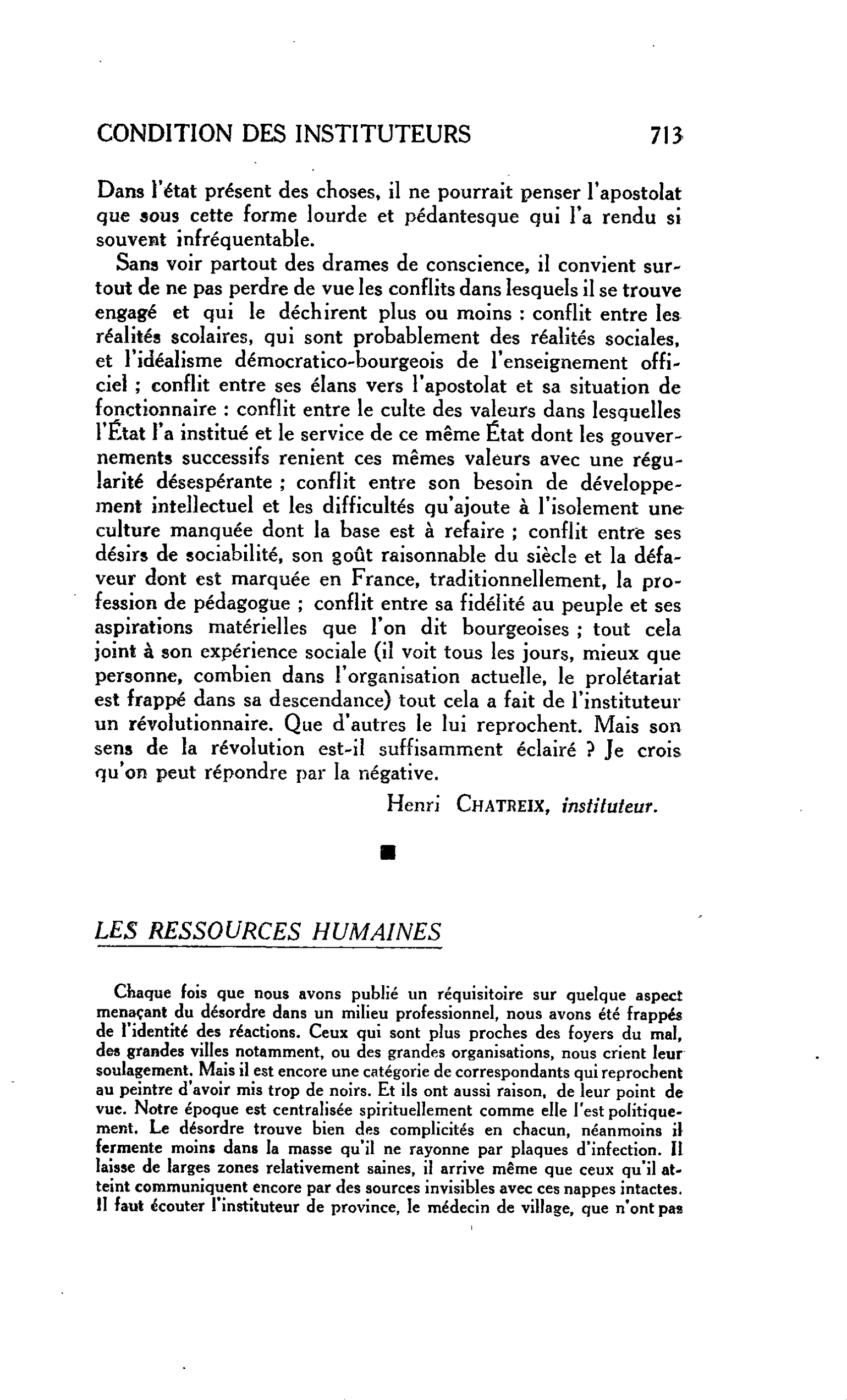 CONDITION DES INSTITUTEURS par quelques instituteurs : LES RESSOURCES HUMAINES