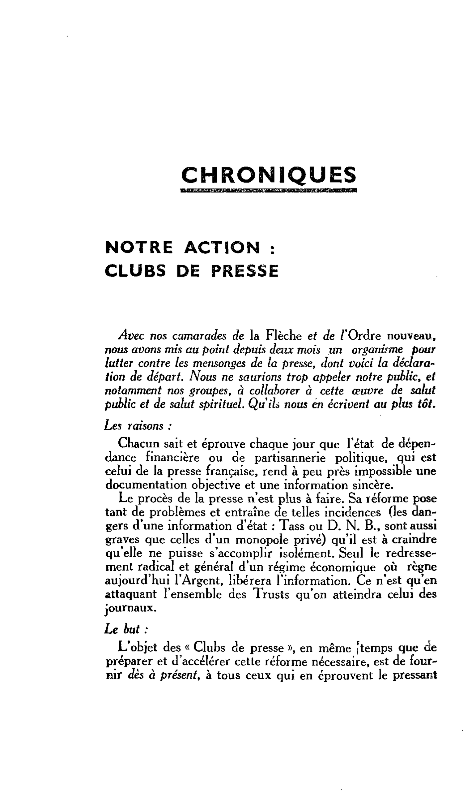 NOTRE ACTION : CLUBS DE PRESSE