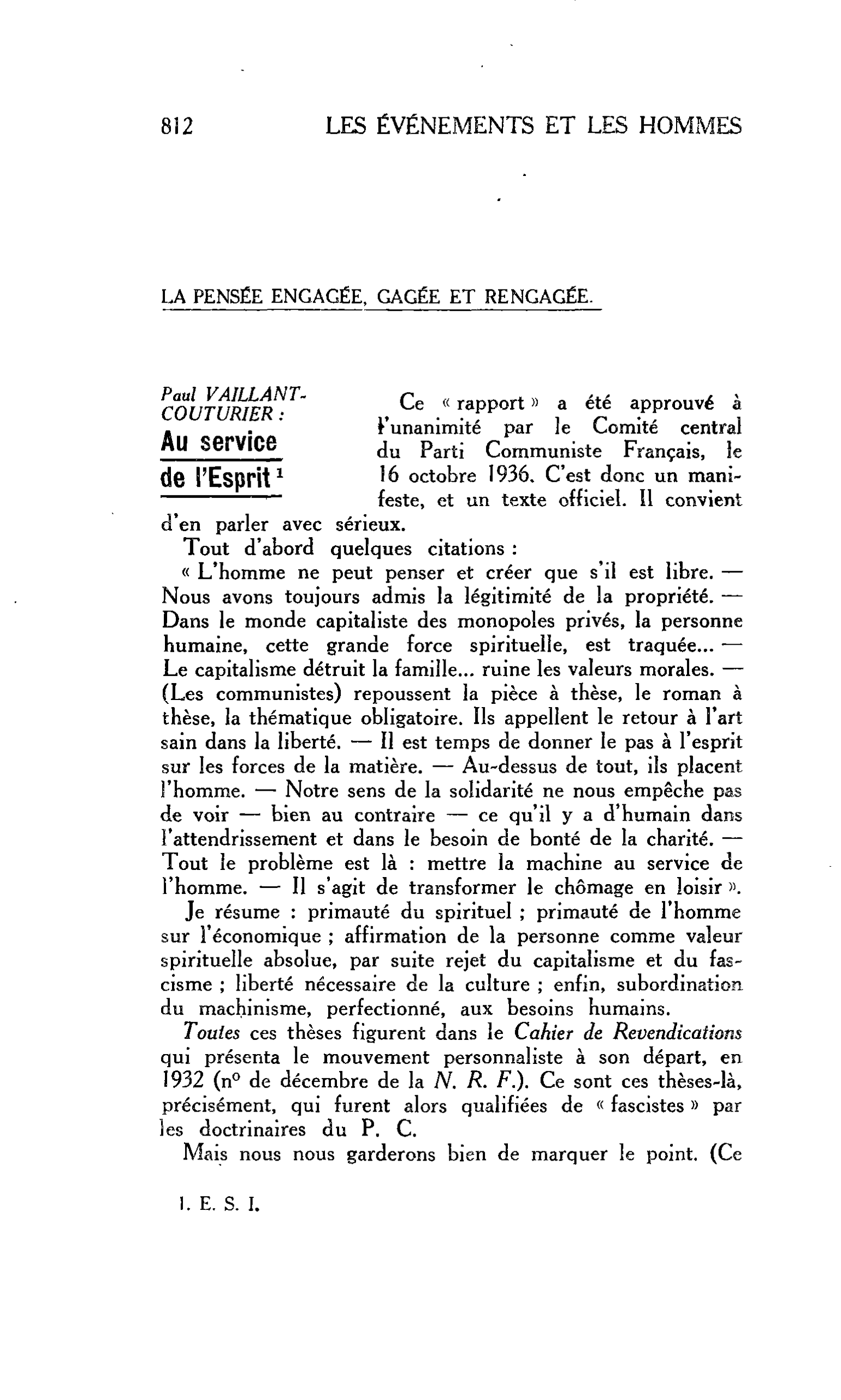 LA PENSÉE ENGAGÉE, GAGÉE ET RENGAGÉE. Paul VAILLANT- COUTURIER : Au service de l’Esprit