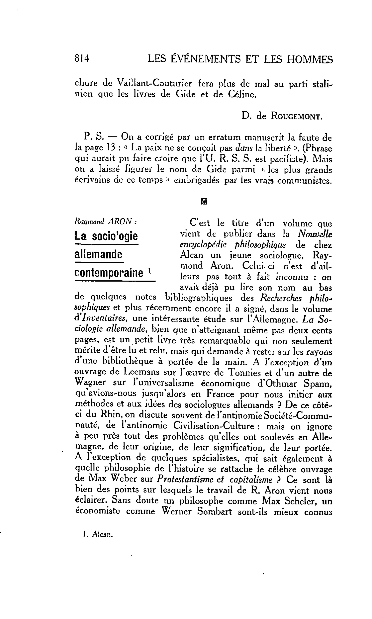 LA PENSÉE ENGAGÉE, GAGÉE ET RENGAGÉE. Raymond ARON : La sociologie allemande contemporaine