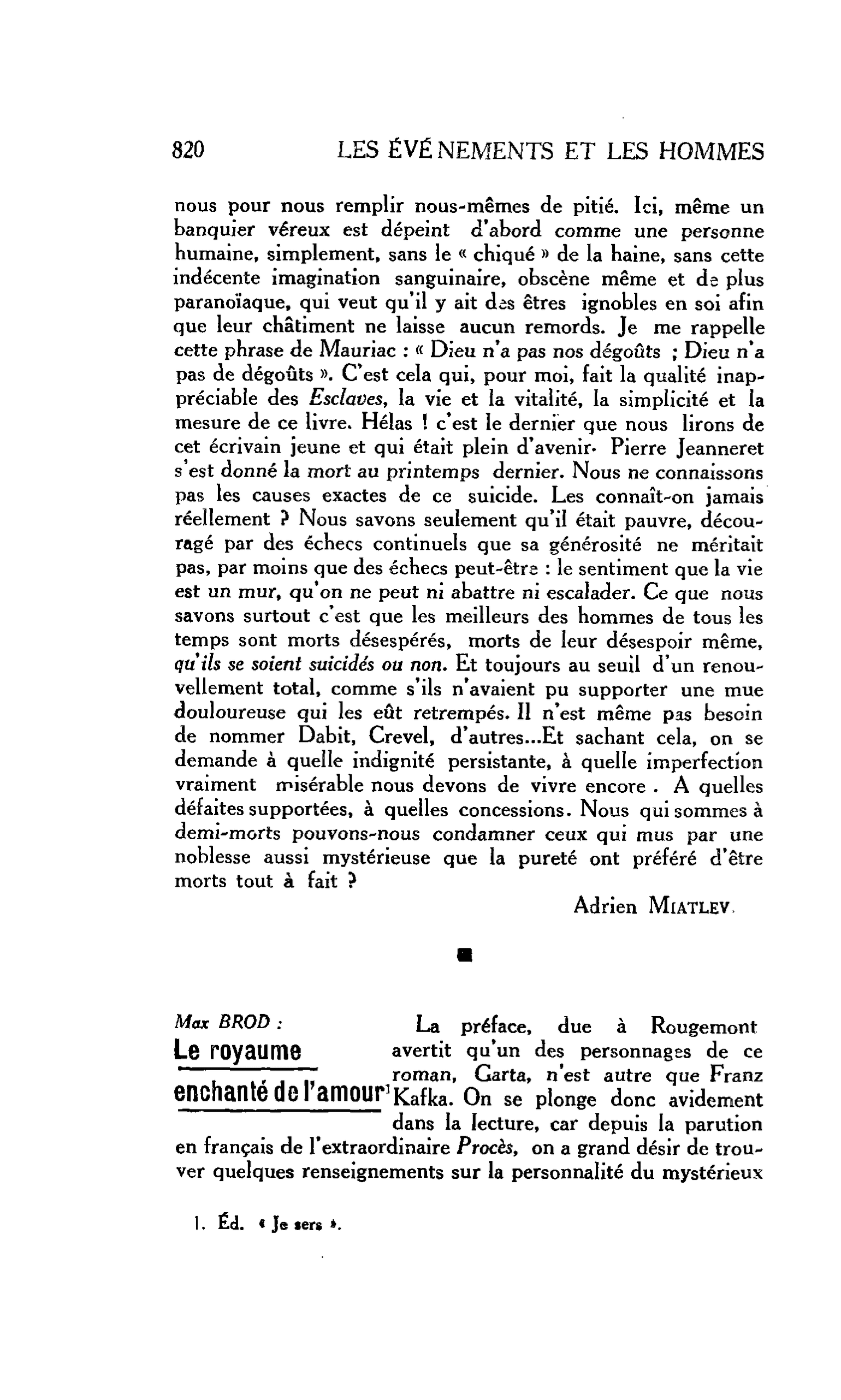 LES LETTRES. Max BROD : Le royaume enchanté de l’amour