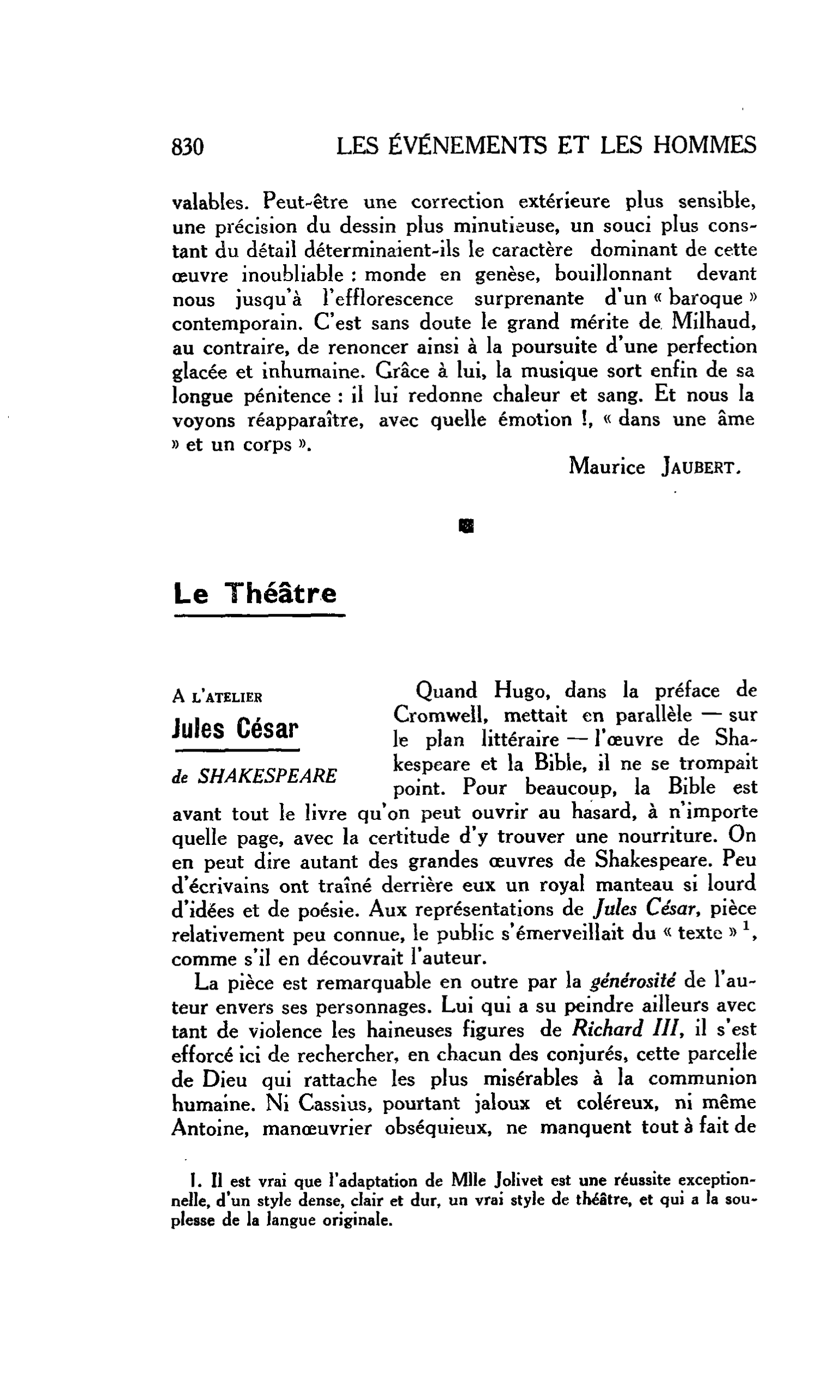 LES ARTS. Le Théâtre : A l’atelier Jules César de SHAKESPEARE