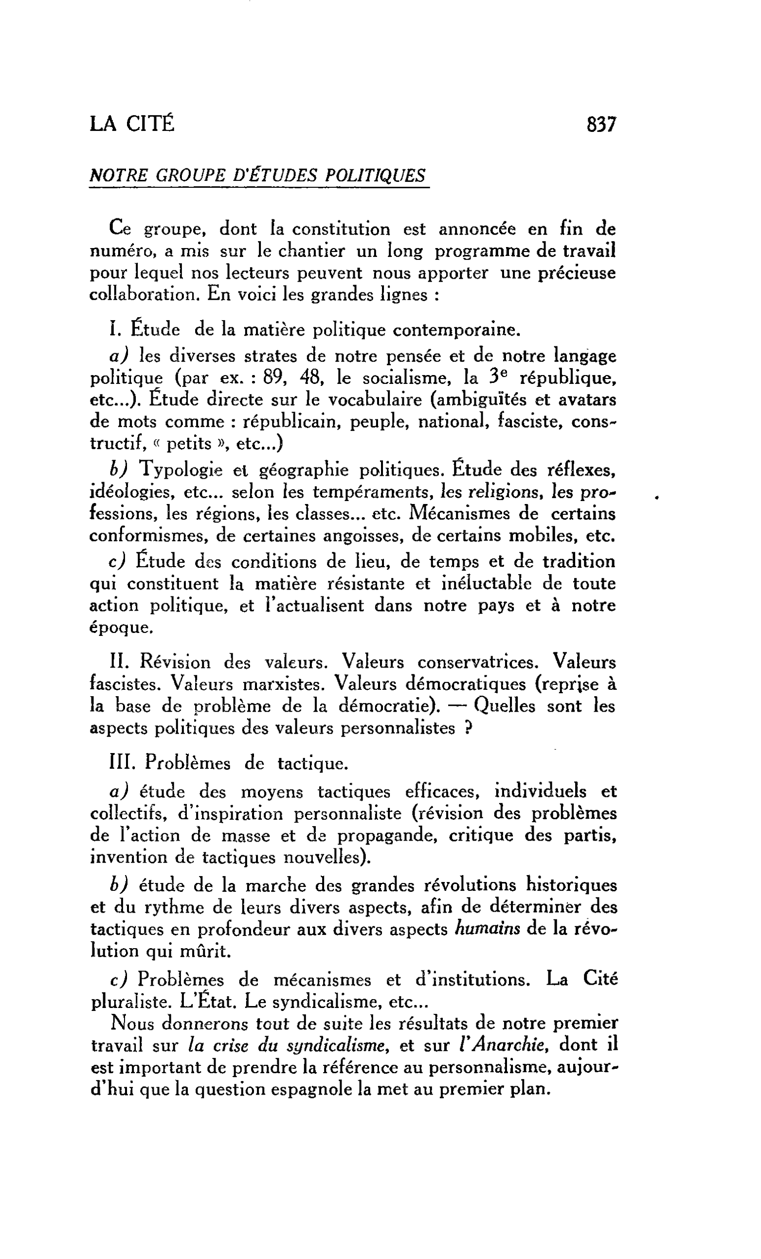 LA CITÉ : NOTRE GROUPE D’ÉTUDES POLITIQUES