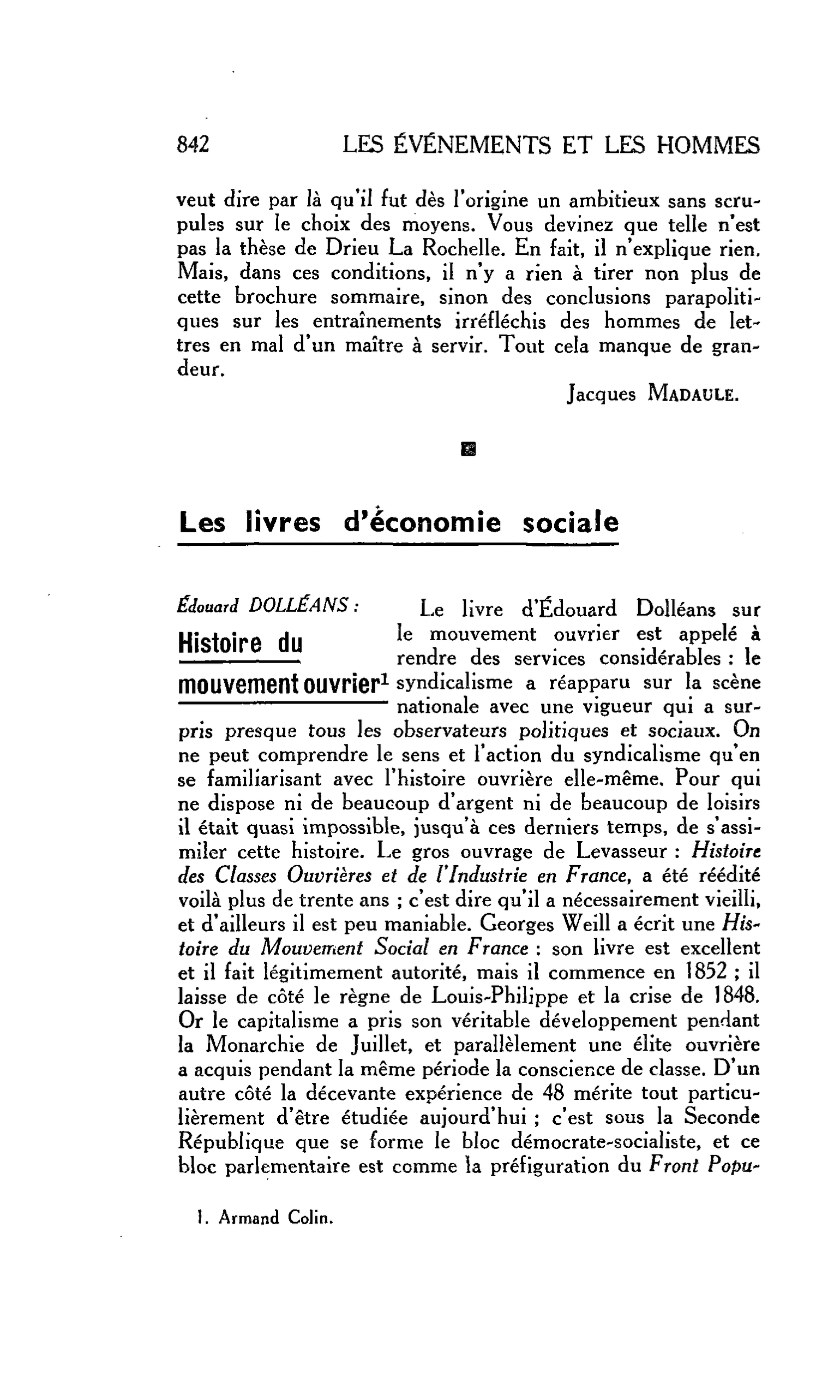 LA CITÉ. Les livres d’économie sociale Edouard DOLLÉANS : Histoire du mouvement ouvrier