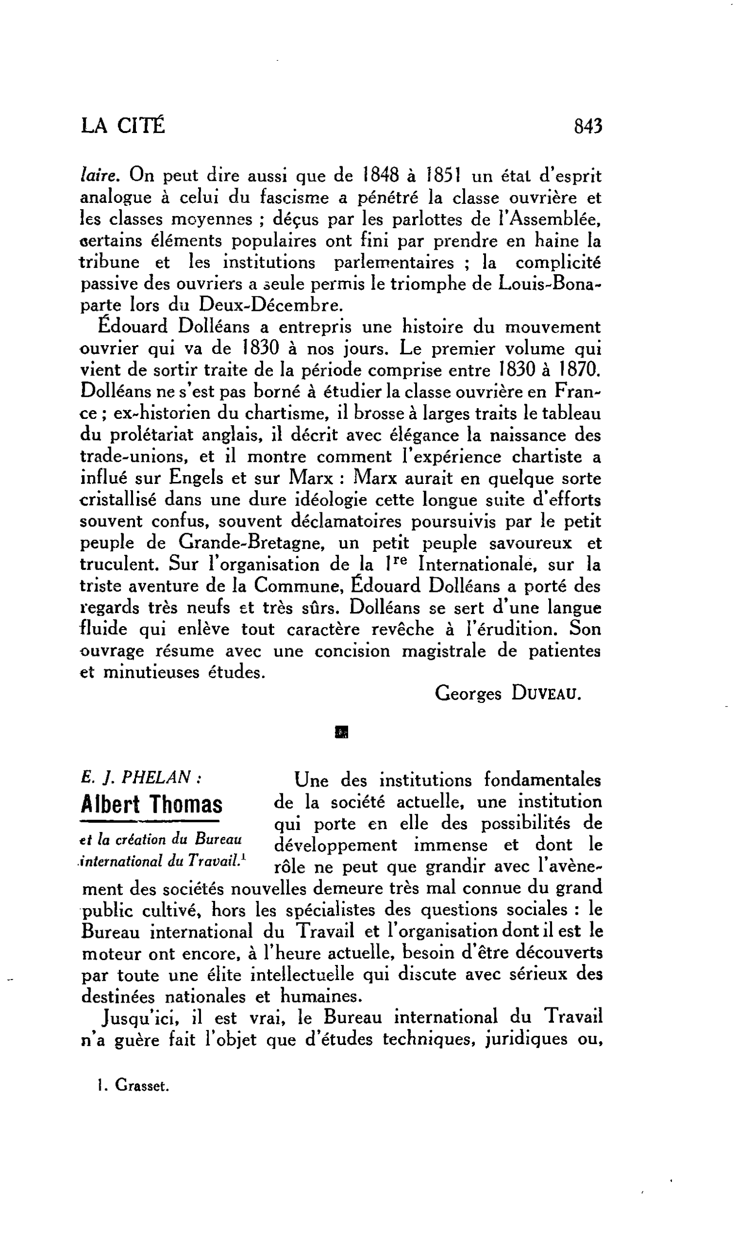 LA CITÉ. E. J. PHELAN : Albert Thomas et la création du Bureau international du Travail