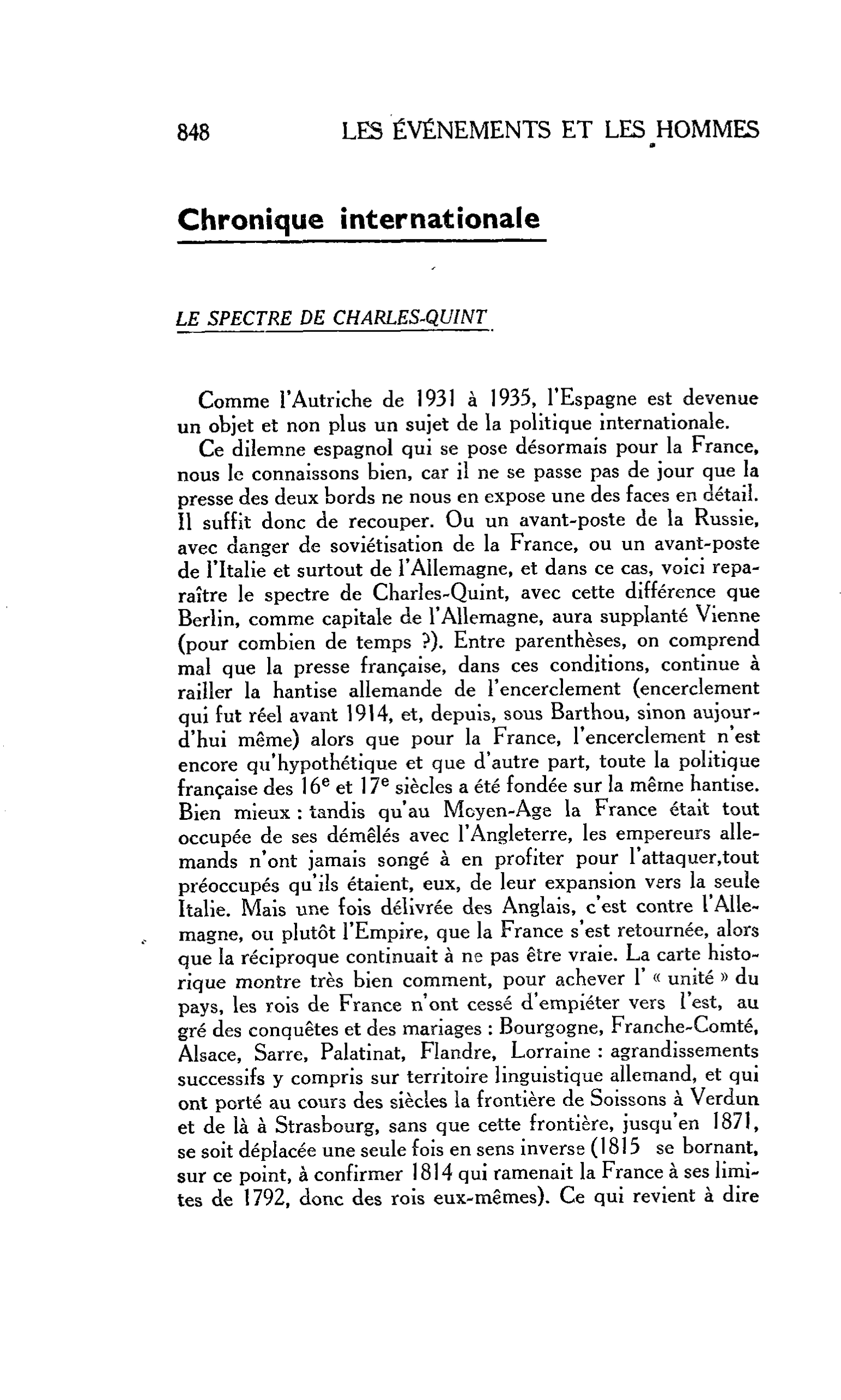 LA CITÉ. Chronique internationale : LE SPECTRE DE CHARLES-QUINT