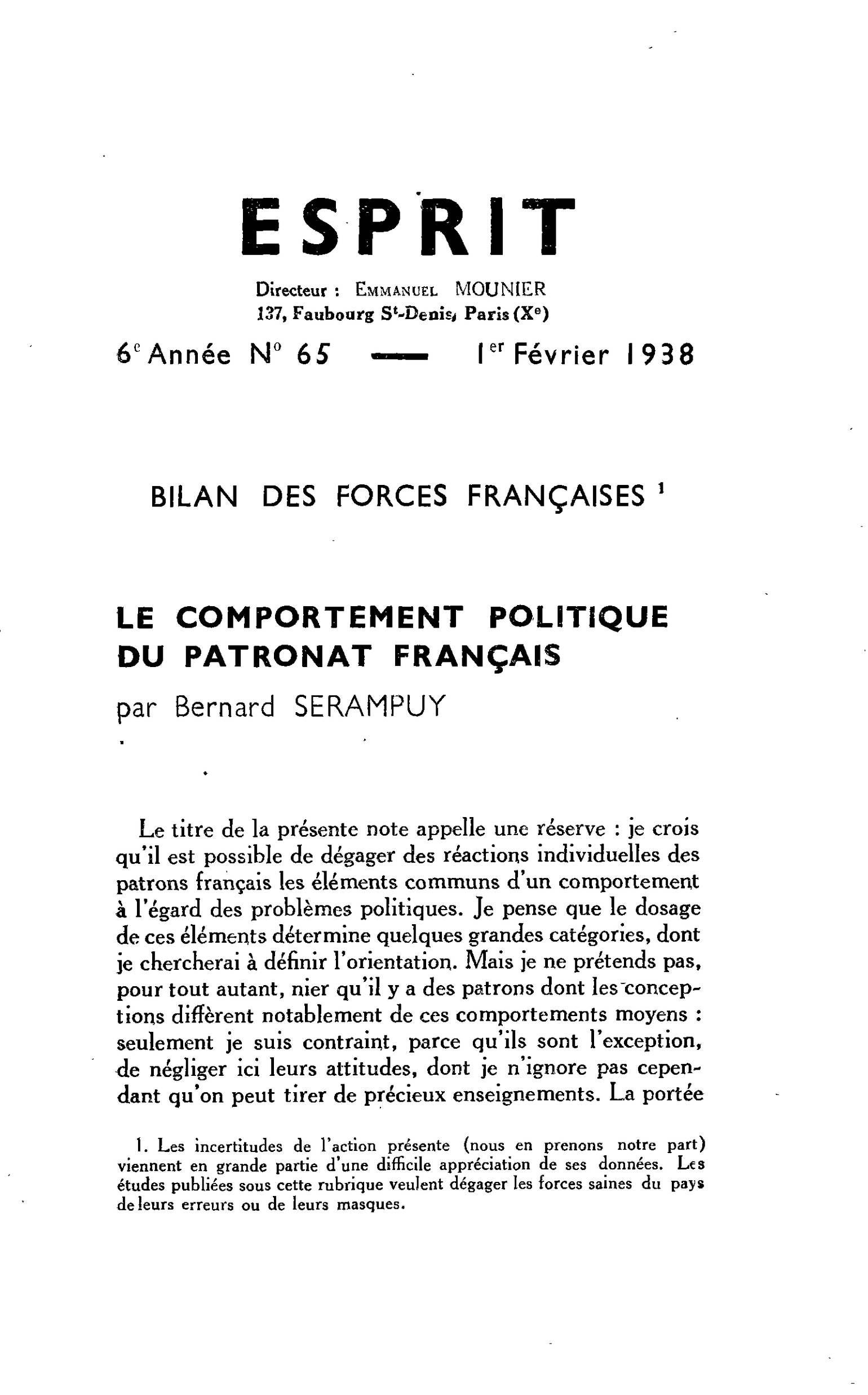 Bilan des forces françaises. Le comportement politique du patronat français