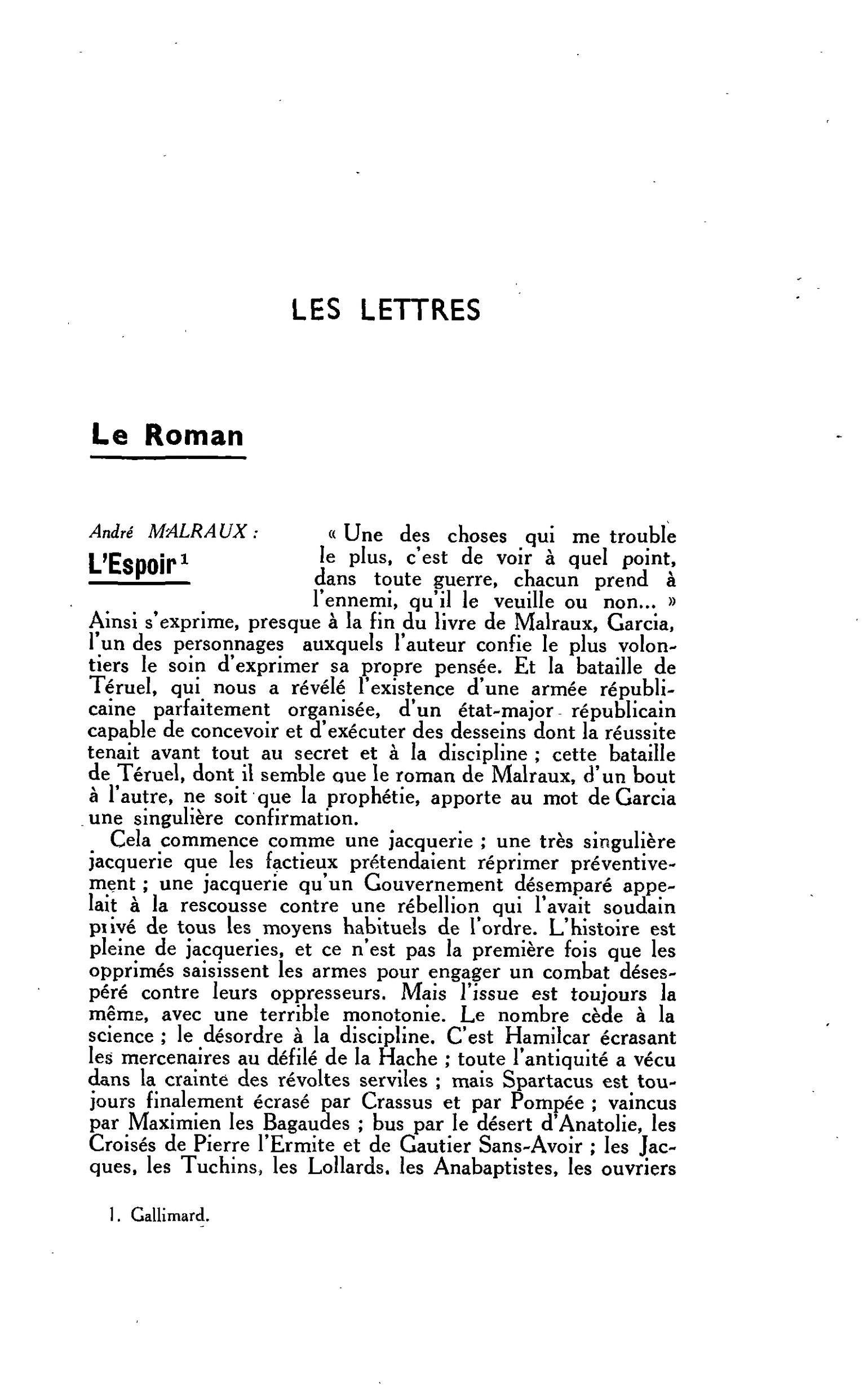 LES LETTRES. Le Roman. André MALRAUX : L’Espoir