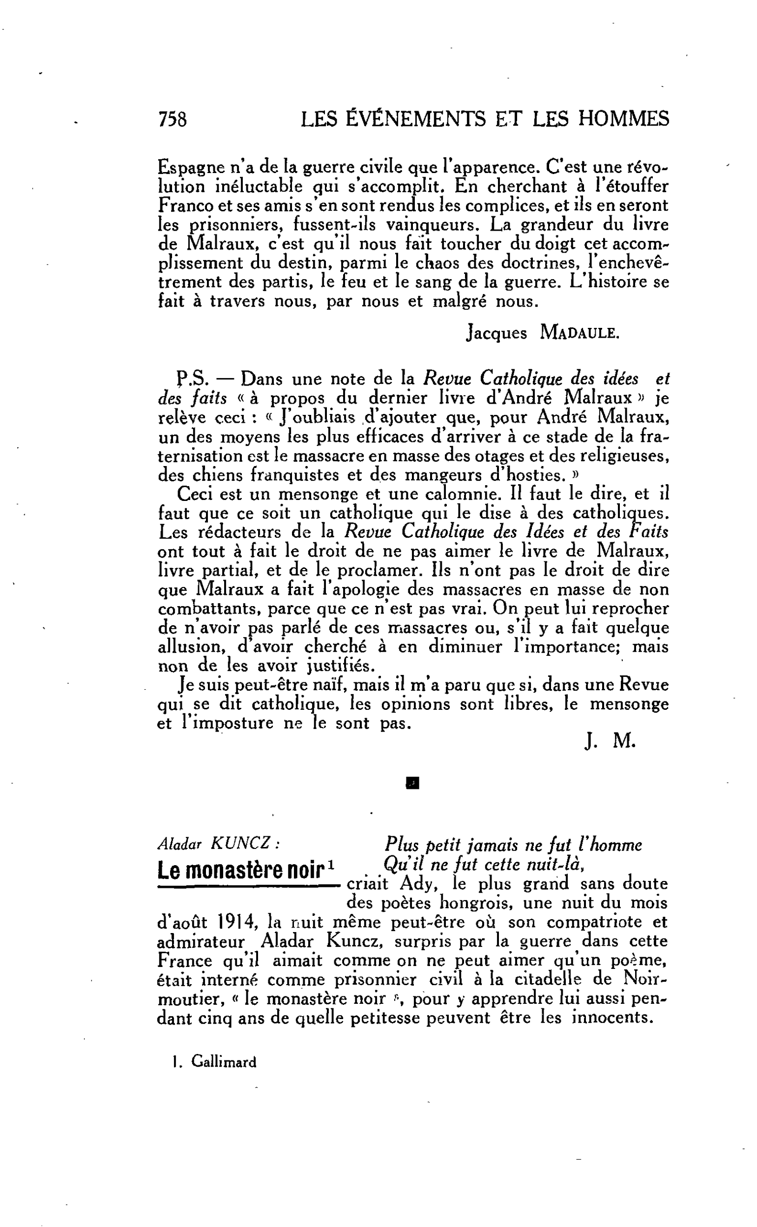 LES LETTRES. Aladar KUNCZ : Le monastère noir